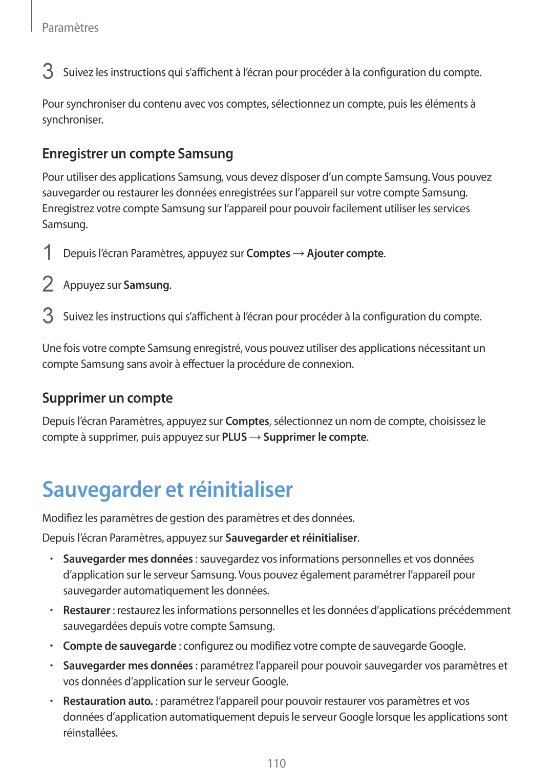 Samsung SM-A510FEDAXEF, SM-A510FZKAXEF Sauvegarder et réinitialiser, Enregistrer un compte Samsung, Supprimer un compte 