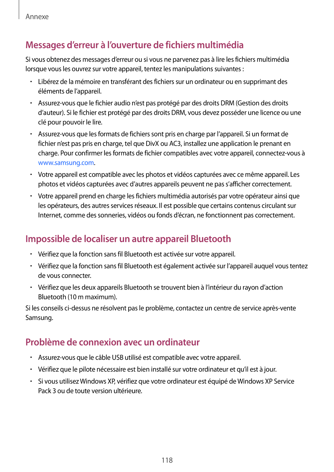 Samsung SM-A510FEDAXEF, SM-A510FZKAXEF, SM-A510FZDAXEF manual Messages d’erreur à l’ouverture de fichiers multimédia 