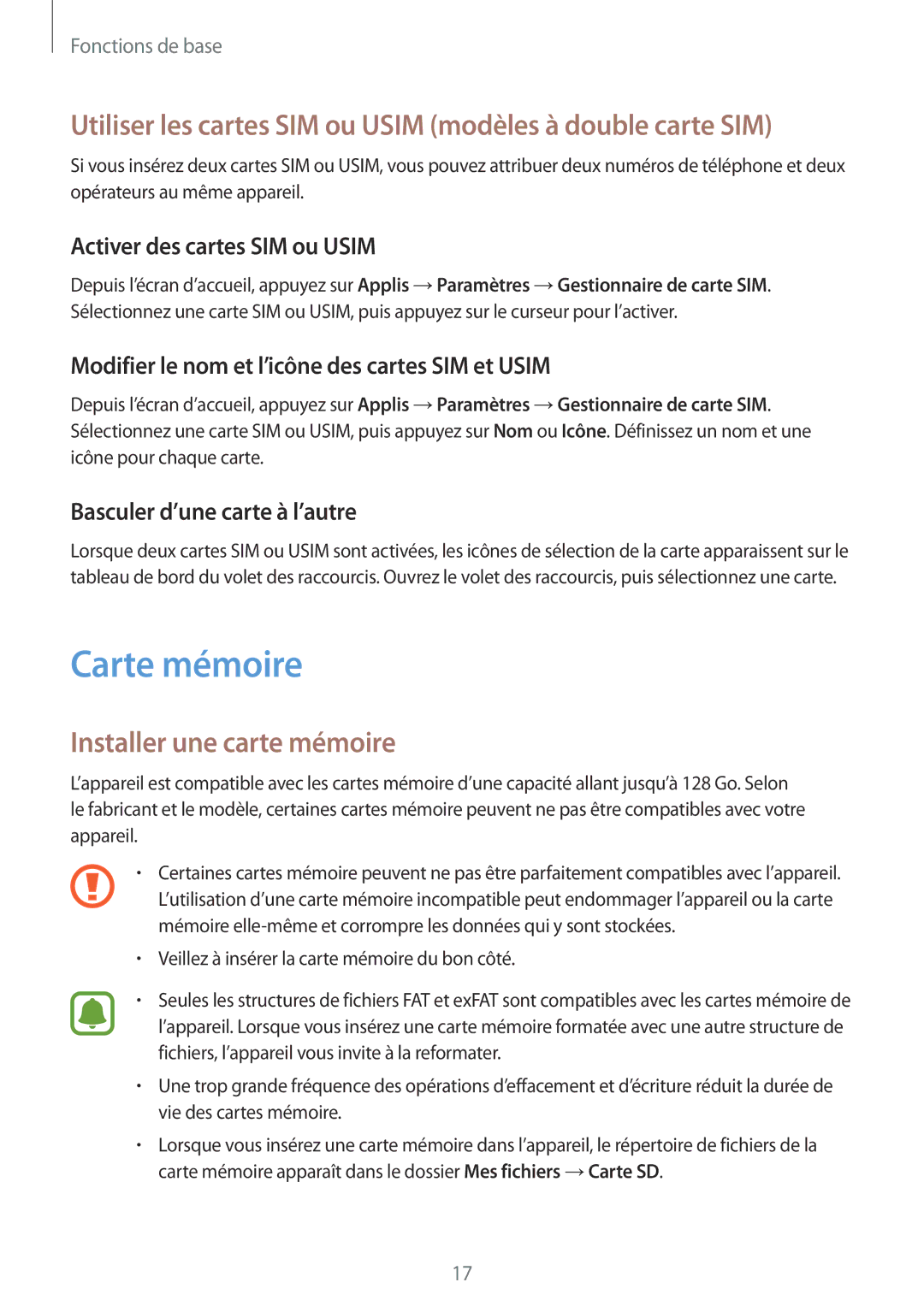 Samsung SM-A510FZDAXEF, SM-A510FZKAXEF manual Carte mémoire, Utiliser les cartes SIM ou Usim modèles à double carte SIM 