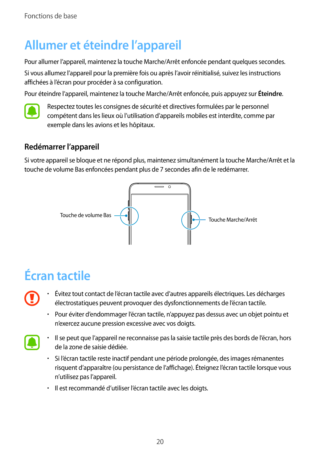 Samsung SM-A510FZKAXEF, SM-A510FZDAXEF, SM-A510FEDAXEF Allumer et éteindre l’appareil, Écran tactile, Redémarrer l’appareil 