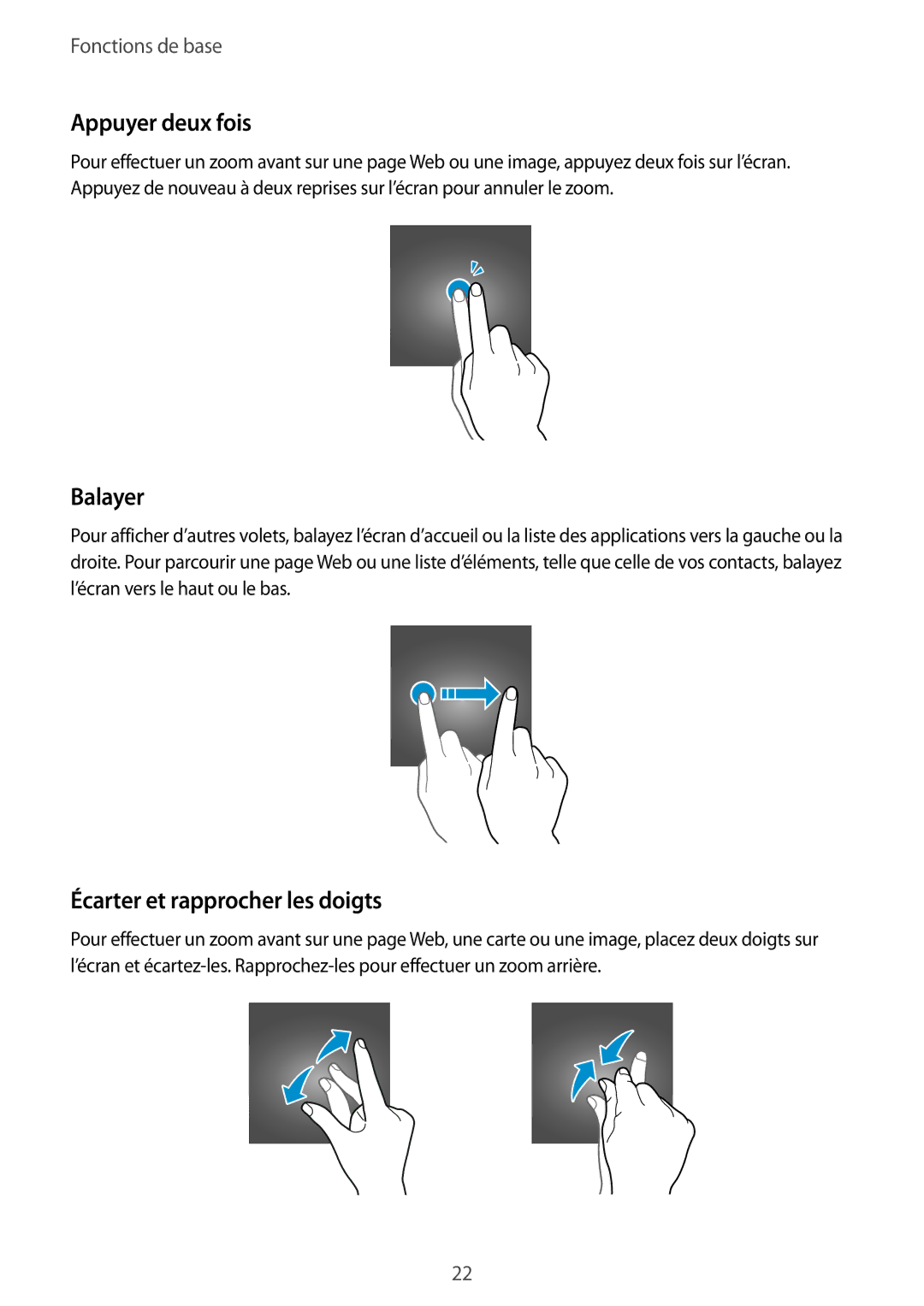 Samsung SM-A510FEDAXEF, SM-A510FZKAXEF, SM-A510FZDAXEF manual Appuyer deux fois, Balayer, Écarter et rapprocher les doigts 