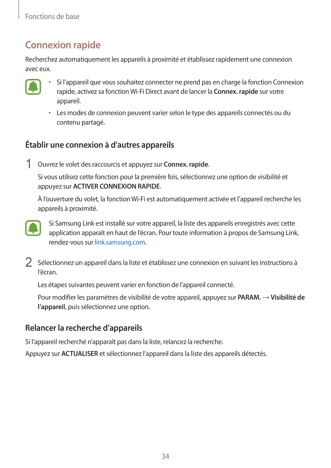 Samsung SM-A510FEDAXEF Connexion rapide, Établir une connexion à d’autres appareils, Relancer la recherche d’appareils 