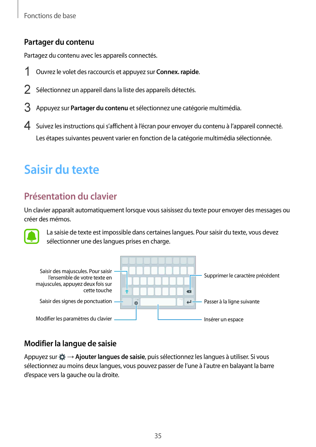 Samsung SM-A510FZWAXEF manual Saisir du texte, Présentation du clavier, Partager du contenu, Modifier la langue de saisie 