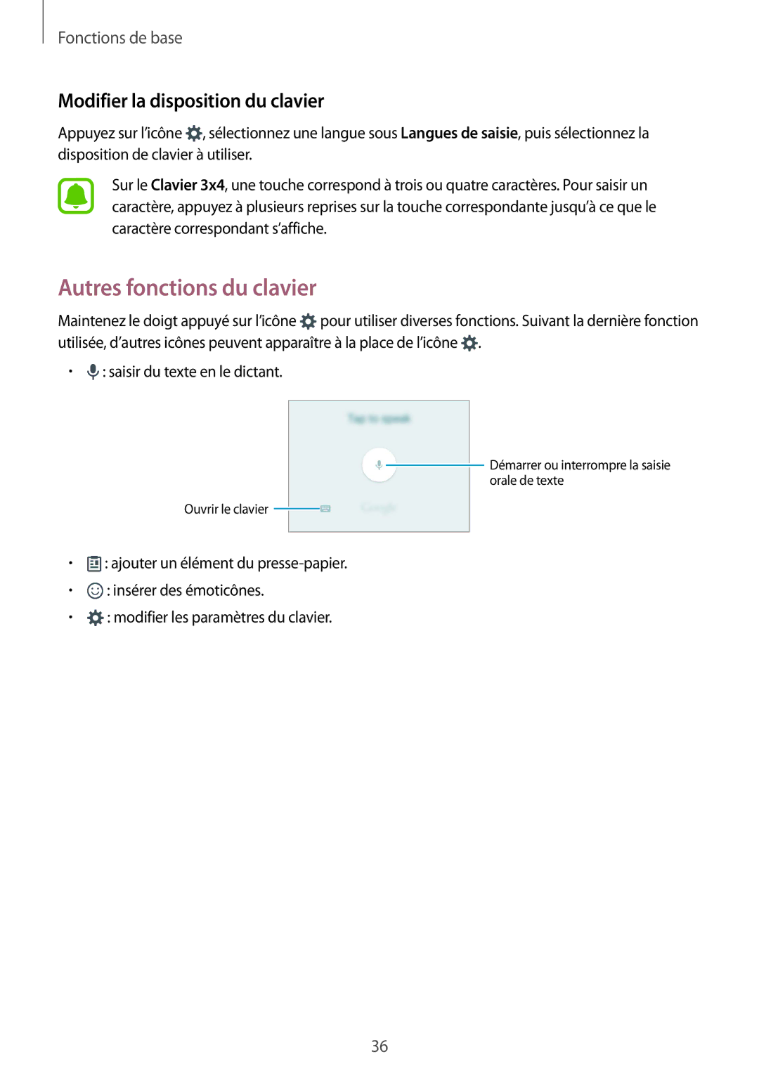 Samsung SM-A510FZKAXEF, SM-A510FZDAXEF, SM-A510FEDAXEF manual Autres fonctions du clavier, Modifier la disposition du clavier 