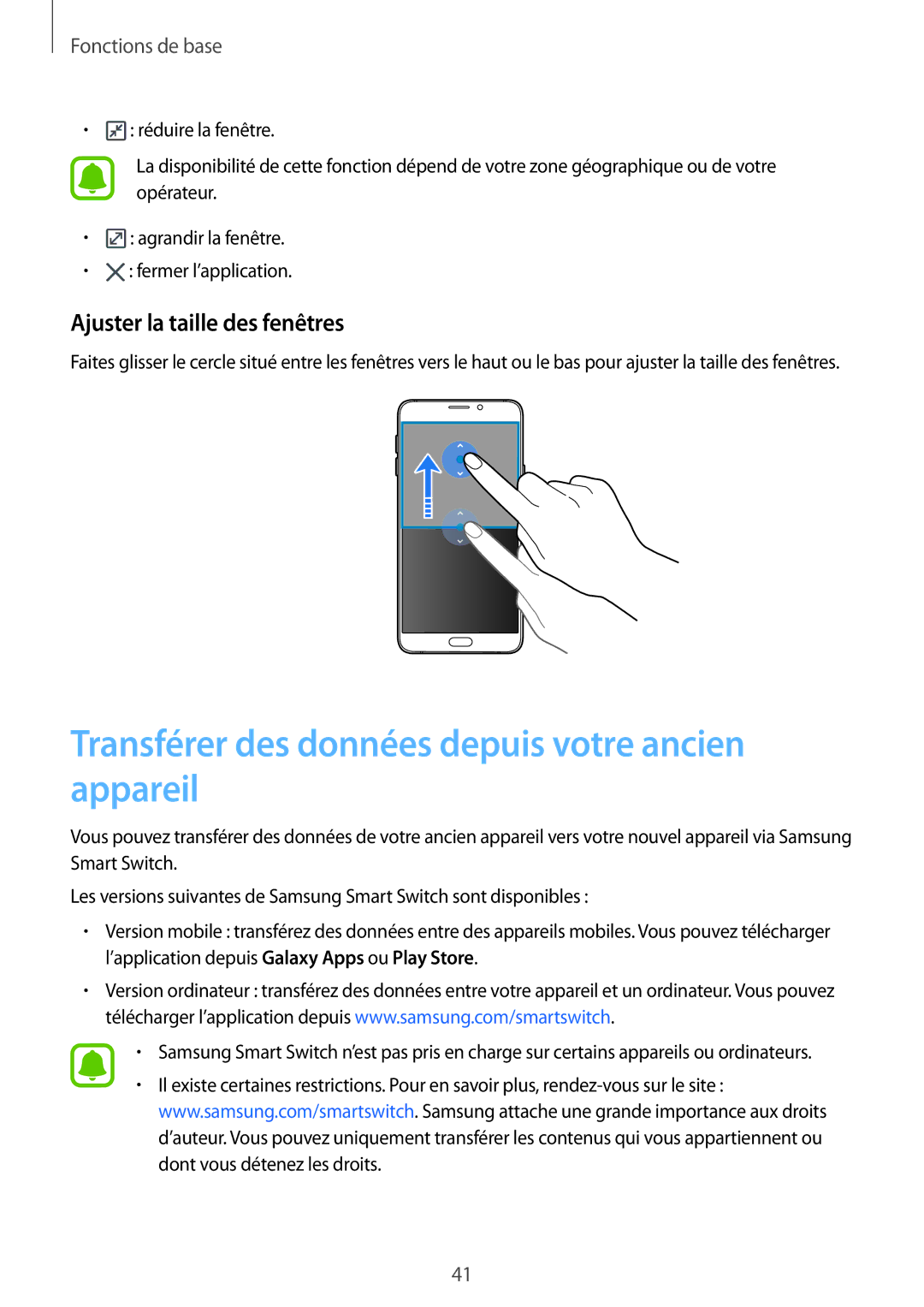 Samsung SM-A510FZDAXEF, SM-A510FZKAXEF Transférer des données depuis votre ancien appareil, Ajuster la taille des fenêtres 