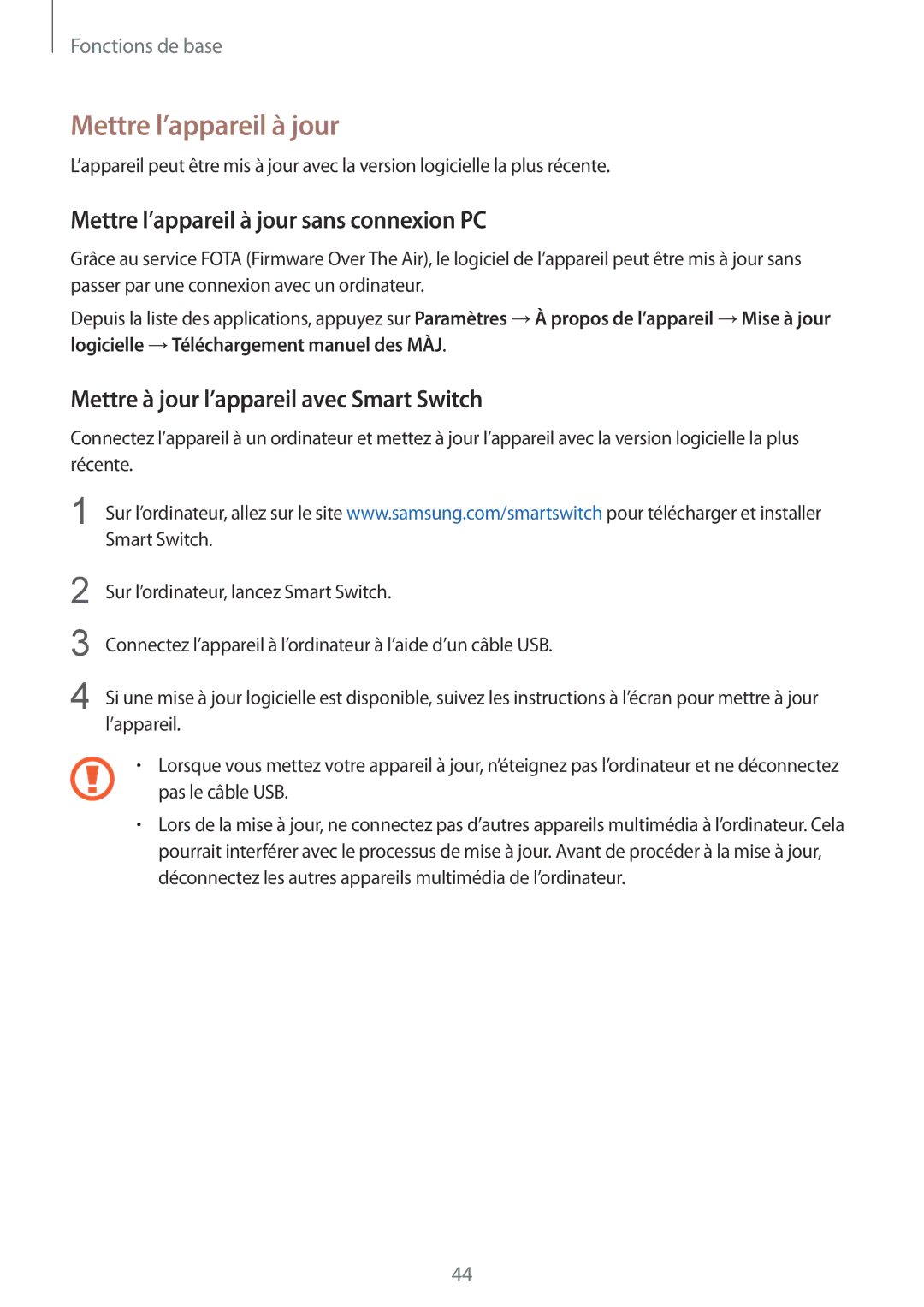 Samsung SM-A510FZKAXEF manual Mettre l’appareil à jour sans connexion PC, Mettre à jour l’appareil avec Smart Switch 