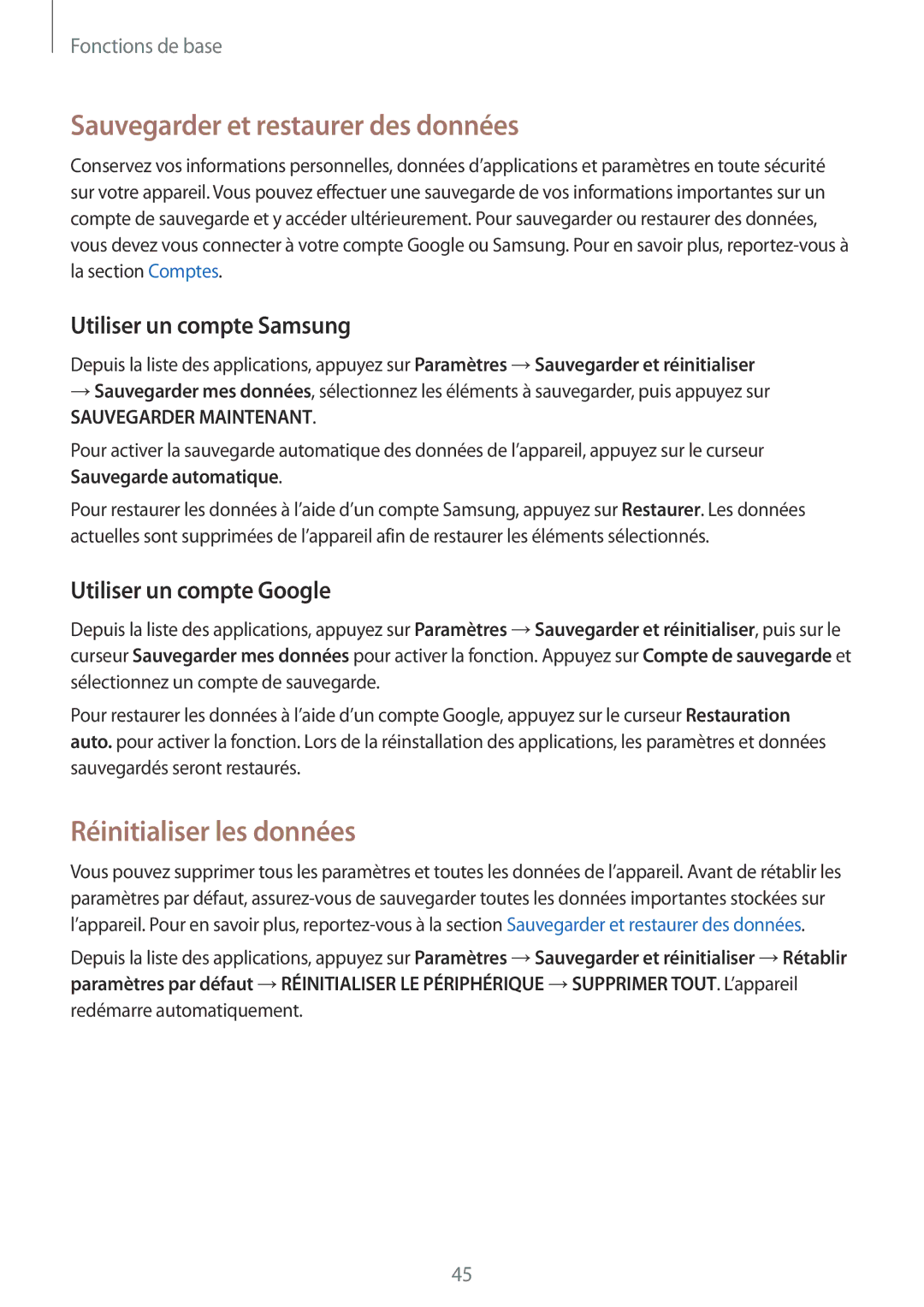 Samsung SM-A510FZDAXEF manual Sauvegarder et restaurer des données, Réinitialiser les données, Utiliser un compte Samsung 