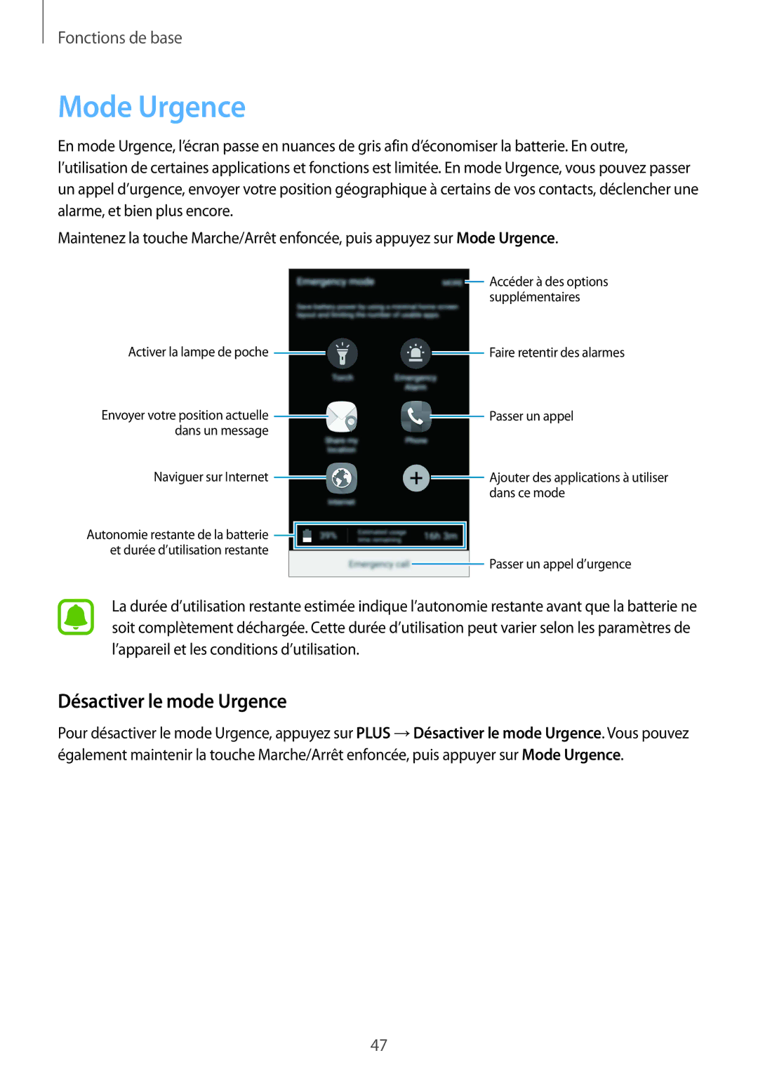 Samsung SM-A510FZWAXEF, SM-A510FZKAXEF, SM-A510FZDAXEF, SM-A510FEDAXEF manual Mode Urgence, Désactiver le mode Urgence 