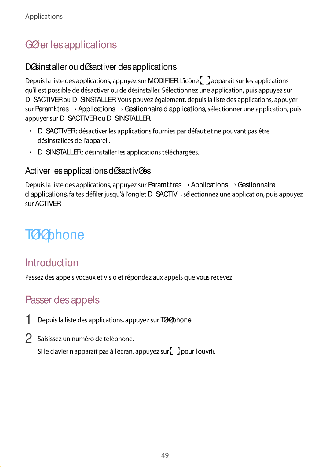 Samsung SM-A510FZDAXEF Téléphone, Gérer les applications, Passer des appels, Désinstaller ou désactiver des applications 