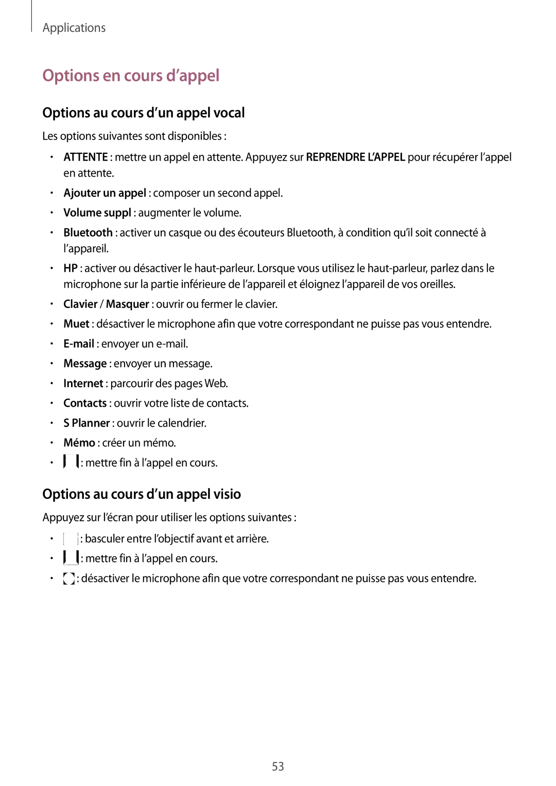 Samsung SM-A510FZDAXEF, SM-A510FZKAXEF, SM-A510FEDAXEF manual Options en cours d’appel, Options au cours d’un appel vocal 