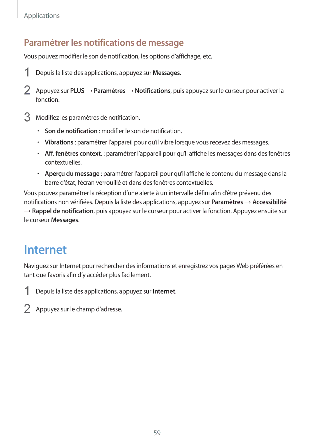 Samsung SM-A510FZWAXEF, SM-A510FZKAXEF, SM-A510FZDAXEF, SM-A510FEDAXEF Internet, Paramétrer les notifications de message 