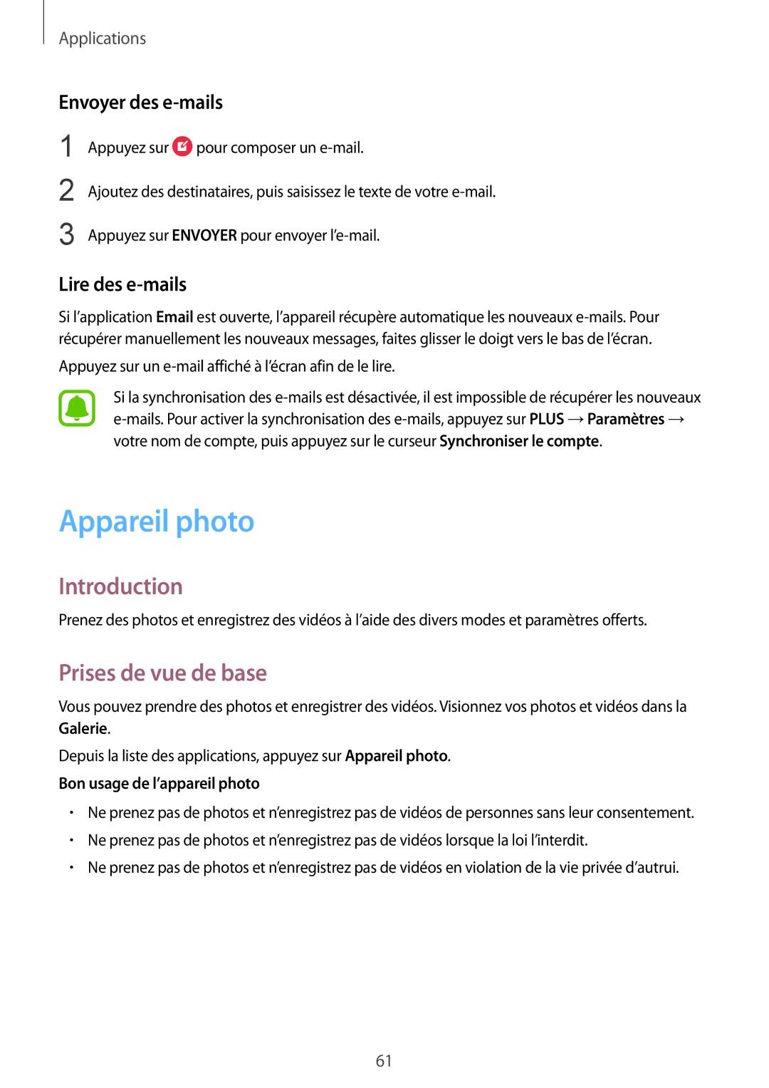 Samsung SM-A510FZDAXEF, SM-A510FZKAXEF manual Appareil photo, Prises de vue de base, Envoyer des e-mails, Lire des e-mails 