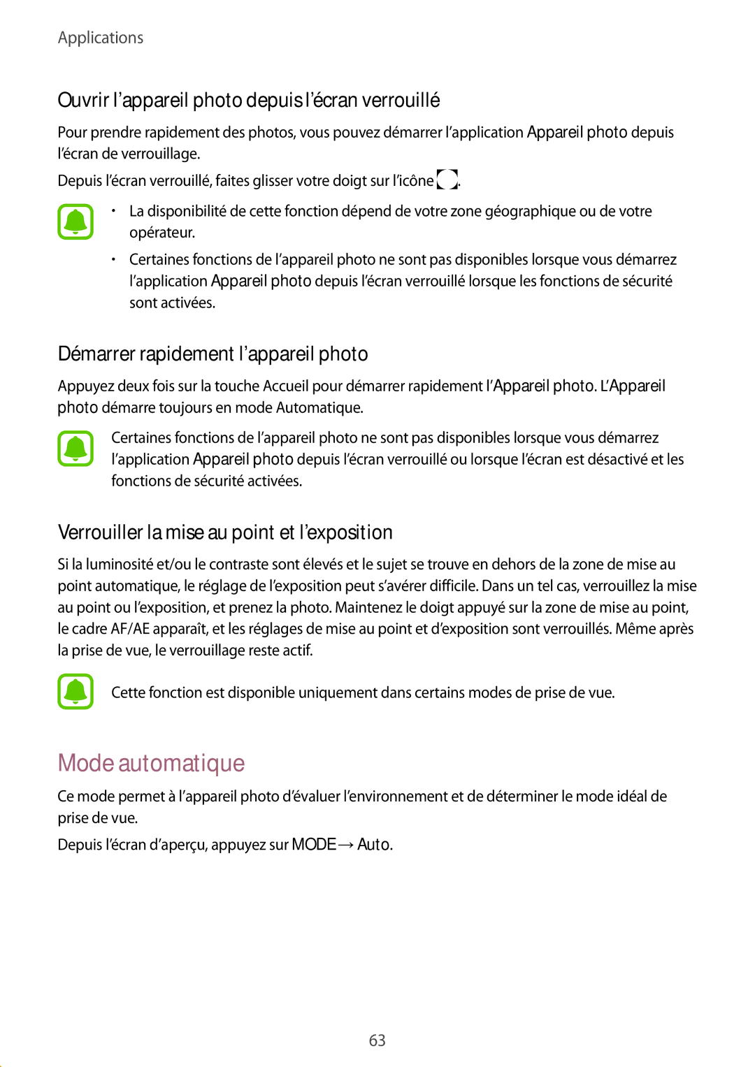 Samsung SM-A510FZWAXEF, SM-A510FZKAXEF, SM-A510FZDAXEF Mode automatique, Ouvrir l’appareil photo depuis l’écran verrouillé 