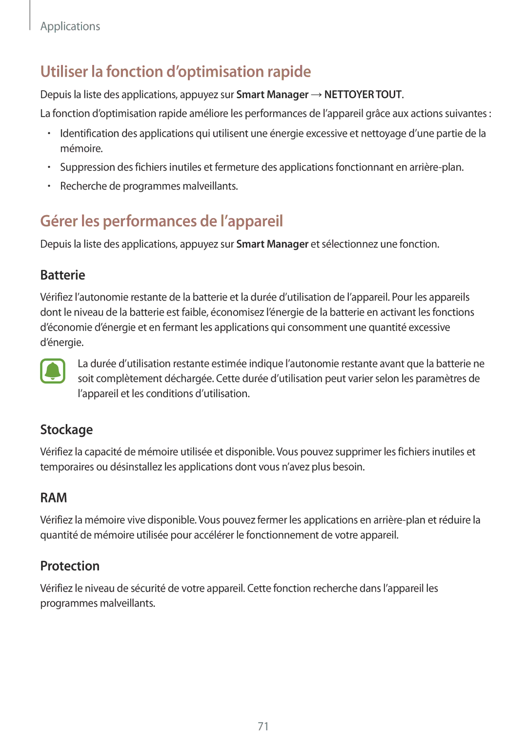 Samsung SM-A510FZWAXEF manual Utiliser la fonction d’optimisation rapide, Gérer les performances de l’appareil, Batterie 