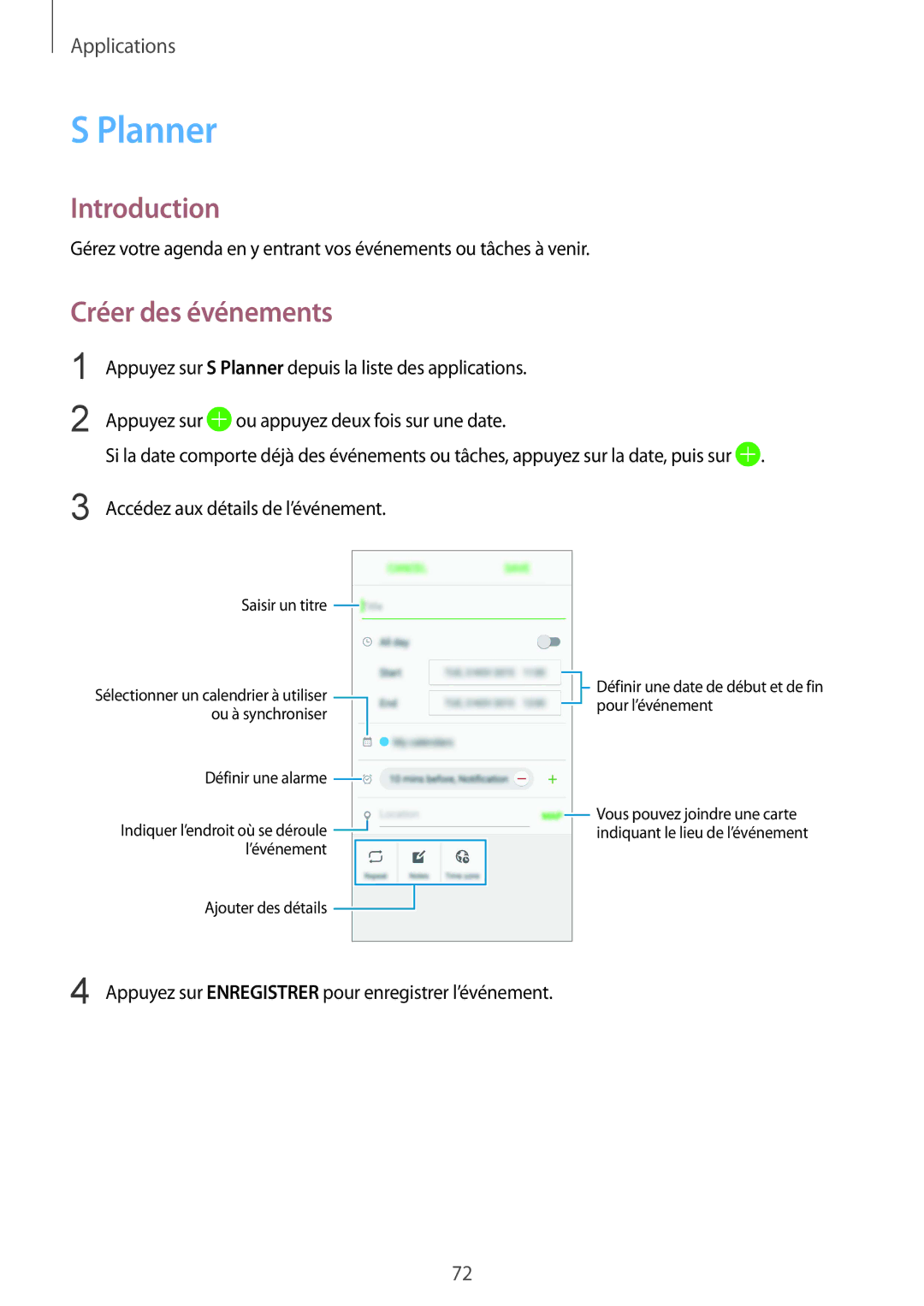 Samsung SM-A510FZKAXEF, SM-A510FZDAXEF, SM-A510FEDAXEF, SM-A510FZWAXEF manual Planner, Créer des événements 