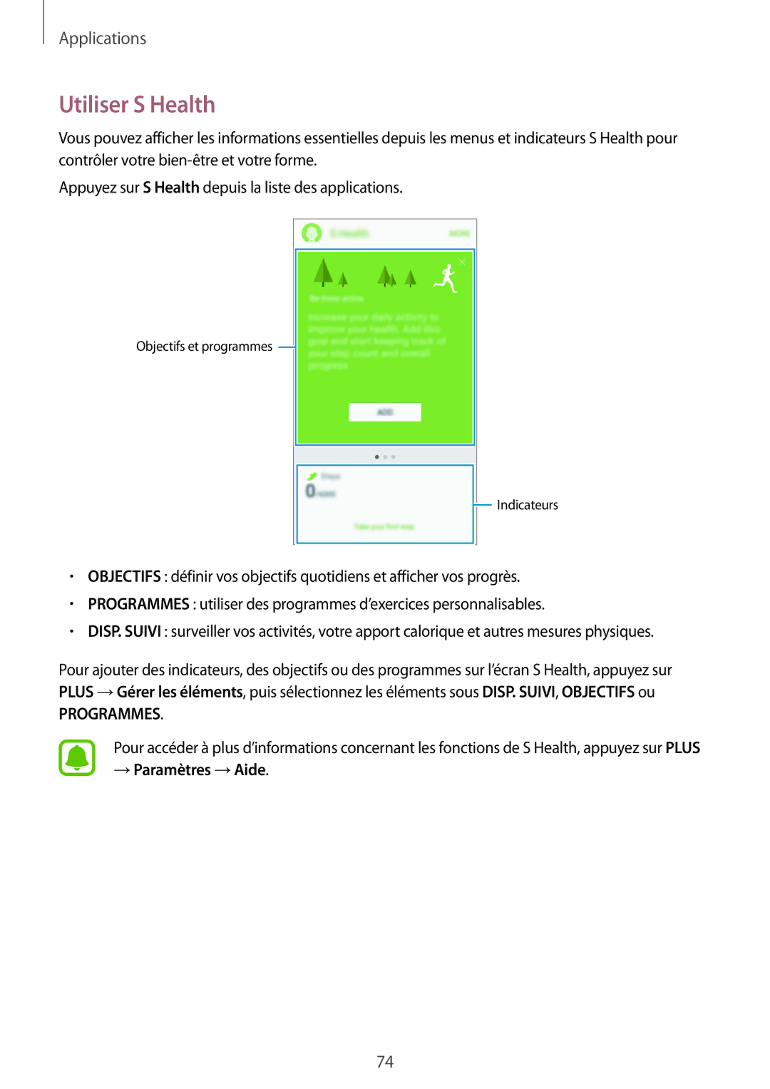 Samsung SM-A510FEDAXEF, SM-A510FZKAXEF, SM-A510FZDAXEF, SM-A510FZWAXEF manual Utiliser S Health, Programmes 