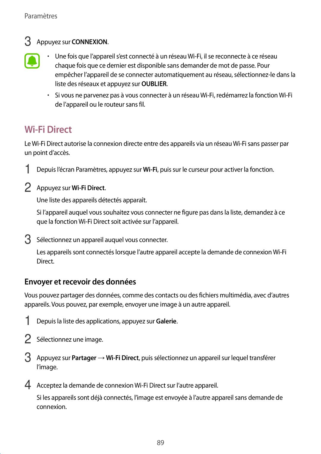 Samsung SM-A510FZDAXEF, SM-A510FZKAXEF, SM-A510FEDAXEF, SM-A510FZWAXEF manual Wi-Fi Direct, Envoyer et recevoir des données 