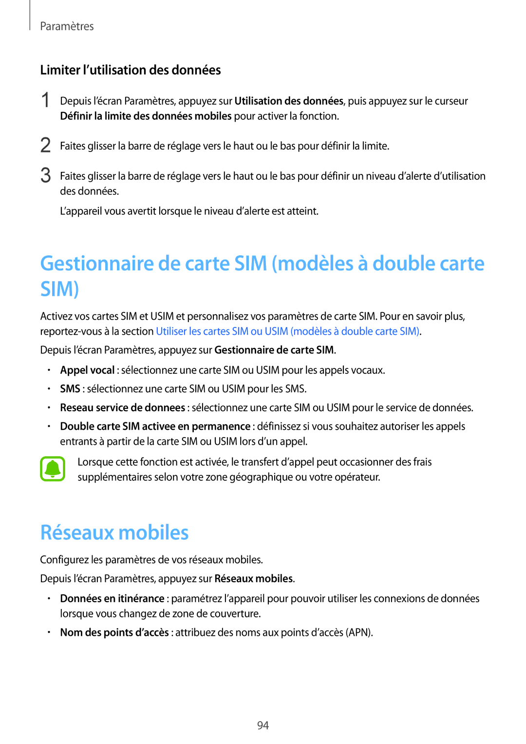 Samsung SM-A510FEDAXEF, SM-A510FZKAXEF manual Gestionnaire de carte SIM modèles à double carte SIM, Réseaux mobiles 