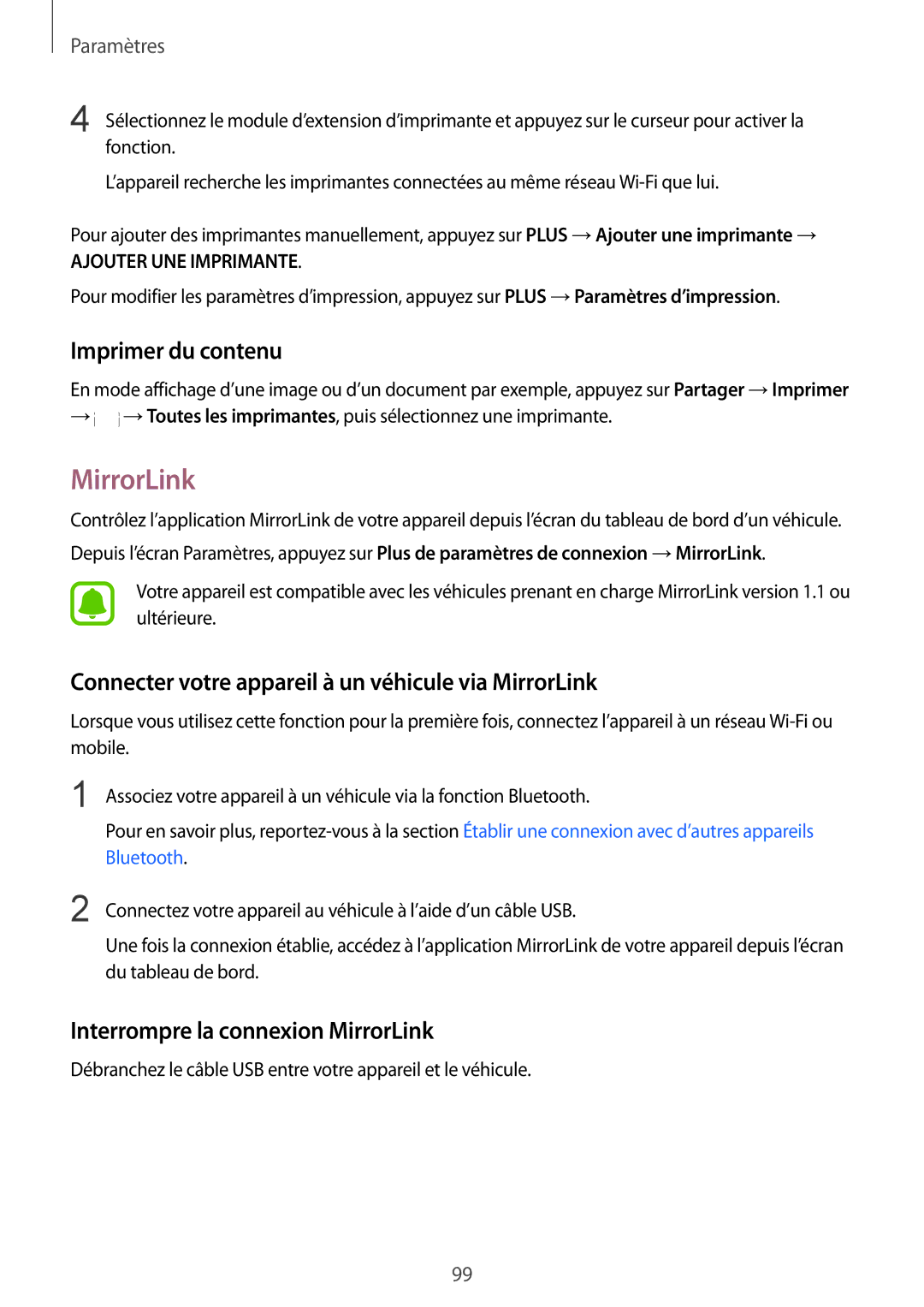 Samsung SM-A510FZWAXEF, SM-A510FZKAXEF manual Imprimer du contenu, Connecter votre appareil à un véhicule via MirrorLink 