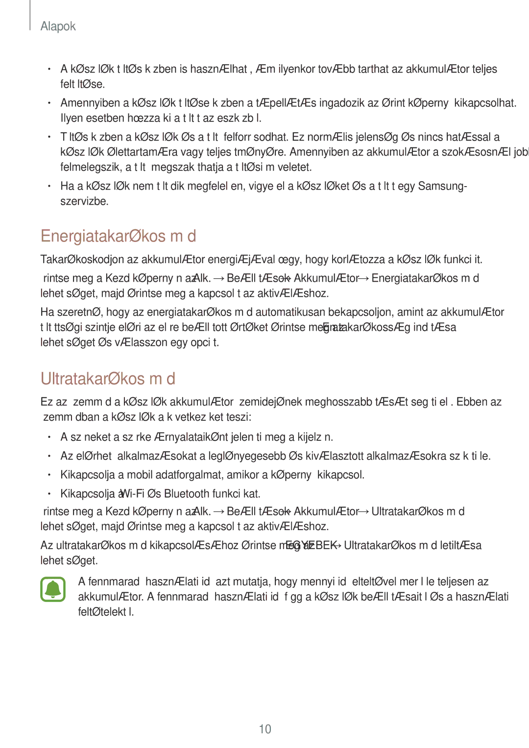 Samsung SM-A510FZDAXEH, SM-A510FZWAXEH, SM-A510FZKAXEH manual Energiatakarékos mód, Ultratakarékos mód 