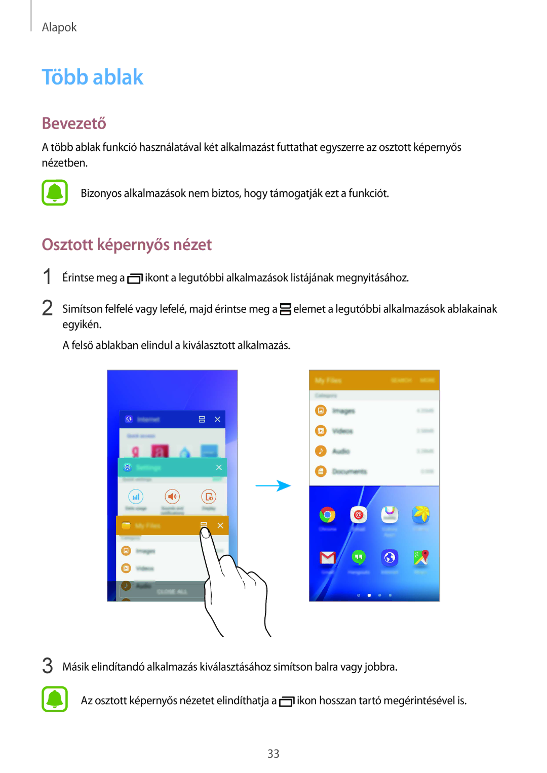 Samsung SM-A510FZWAXEH, SM-A510FZDAXEH, SM-A510FZKAXEH manual Több ablak, Bevezető, Osztott képernyős nézet 