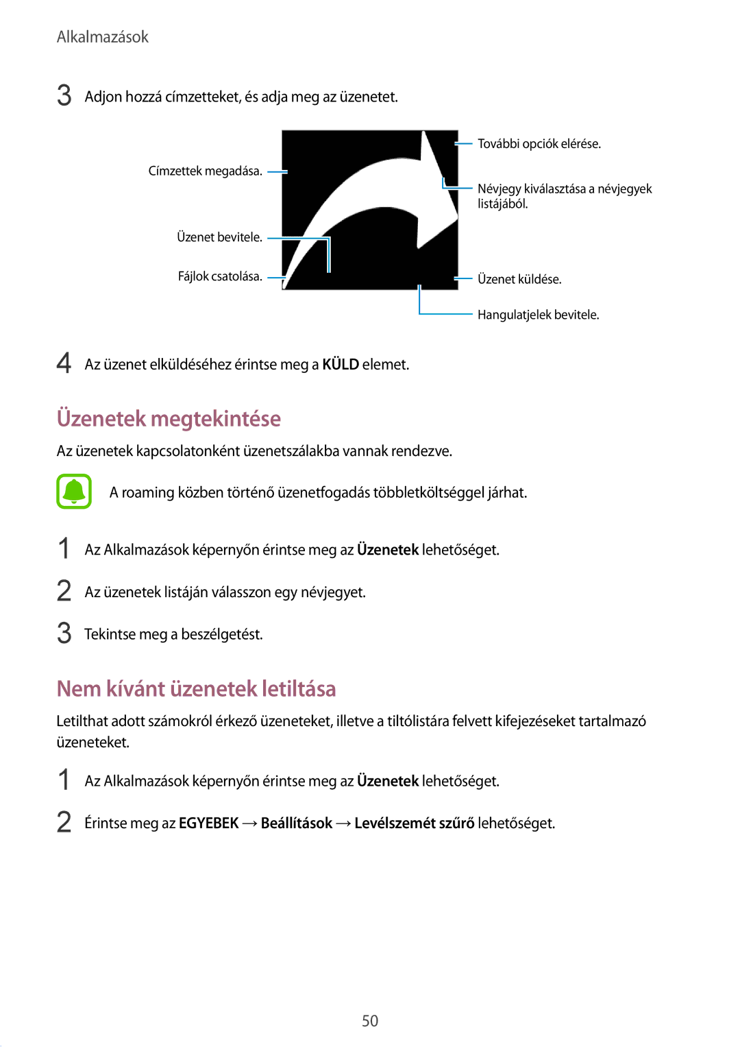 Samsung SM-A510FZKAXEH, SM-A510FZWAXEH, SM-A510FZDAXEH manual Üzenetek megtekintése, Nem kívánt üzenetek letiltása 