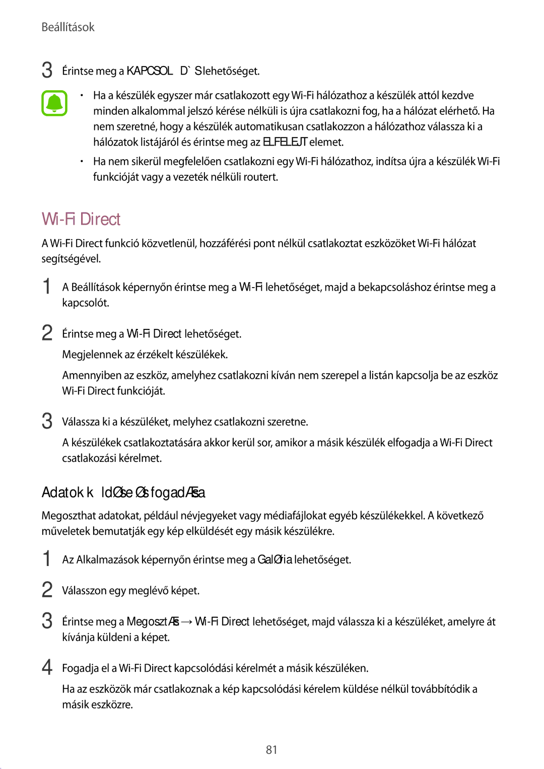 Samsung SM-A510FZWAXEH, SM-A510FZDAXEH, SM-A510FZKAXEH manual Wi-Fi Direct, Adatok küldése és fogadása 