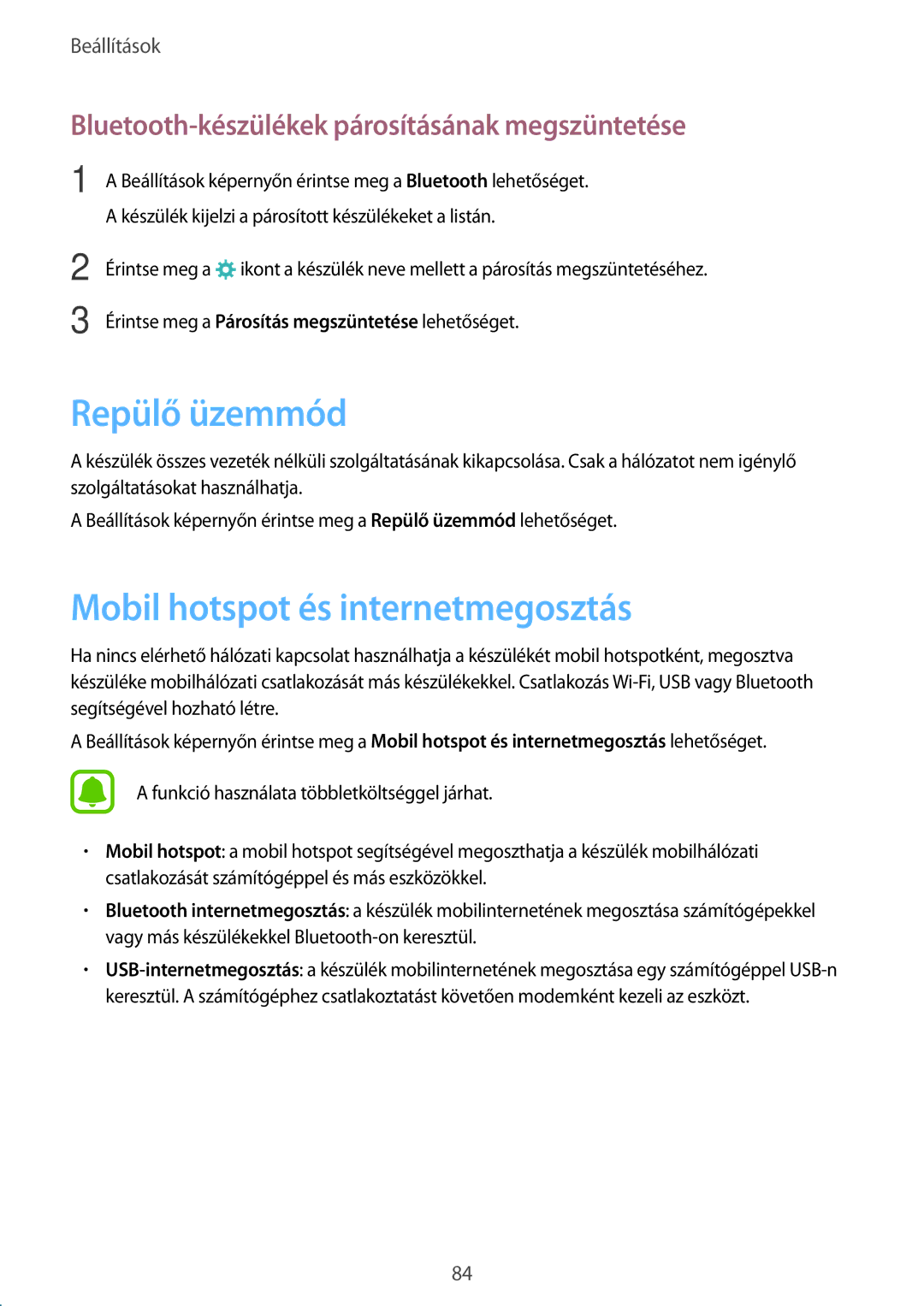 Samsung SM-A510FZWAXEH, SM-A510FZDAXEH, SM-A510FZKAXEH manual Repülő üzemmód, Mobil hotspot és internetmegosztás 