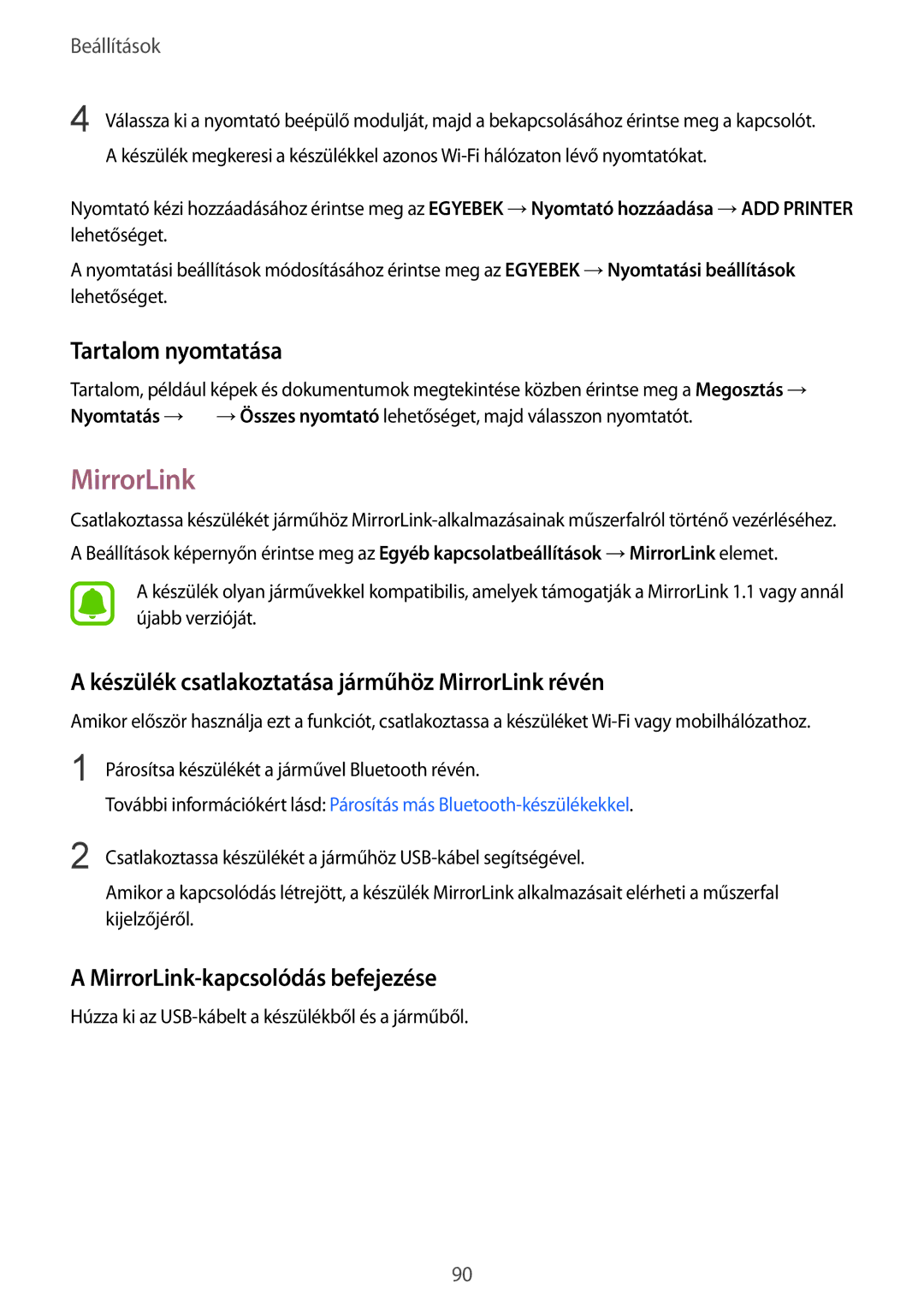 Samsung SM-A510FZWAXEH, SM-A510FZDAXEH manual Tartalom nyomtatása, Készülék csatlakoztatása járműhöz MirrorLink révén 