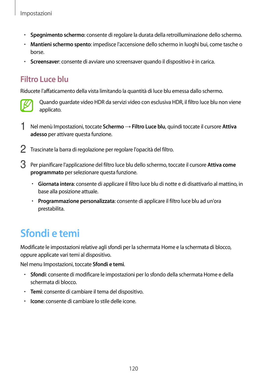 Samsung SM-A520FZBAITV, SM-A320FZBNITV, SM-A320FZINITV, SM-A520FZDAITV, SM-A520FZKAITV manual Sfondi e temi, Filtro Luce blu 