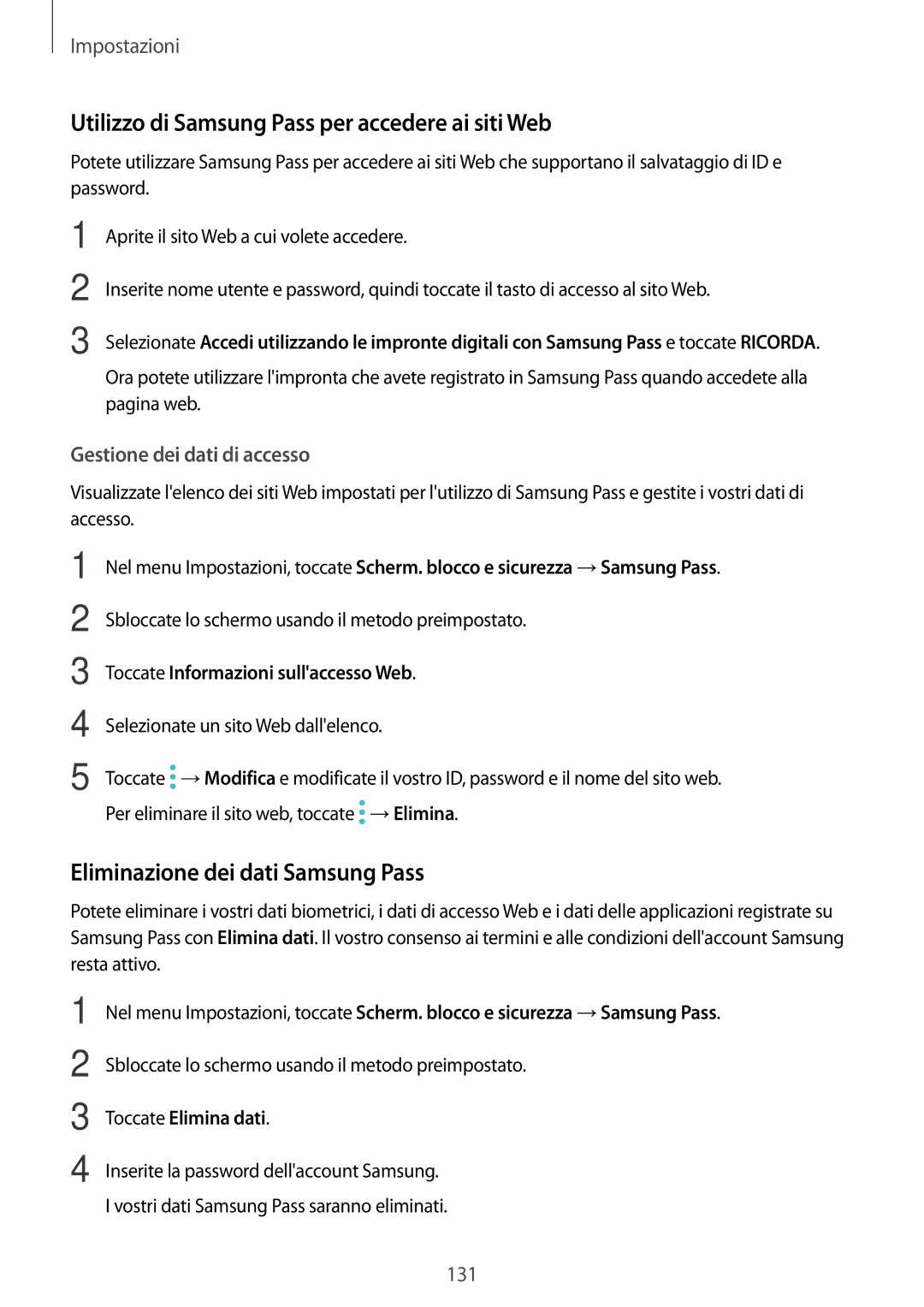 Samsung SM-A520FZDAITV manual Utilizzo di Samsung Pass per accedere ai siti Web, Eliminazione dei dati Samsung Pass 