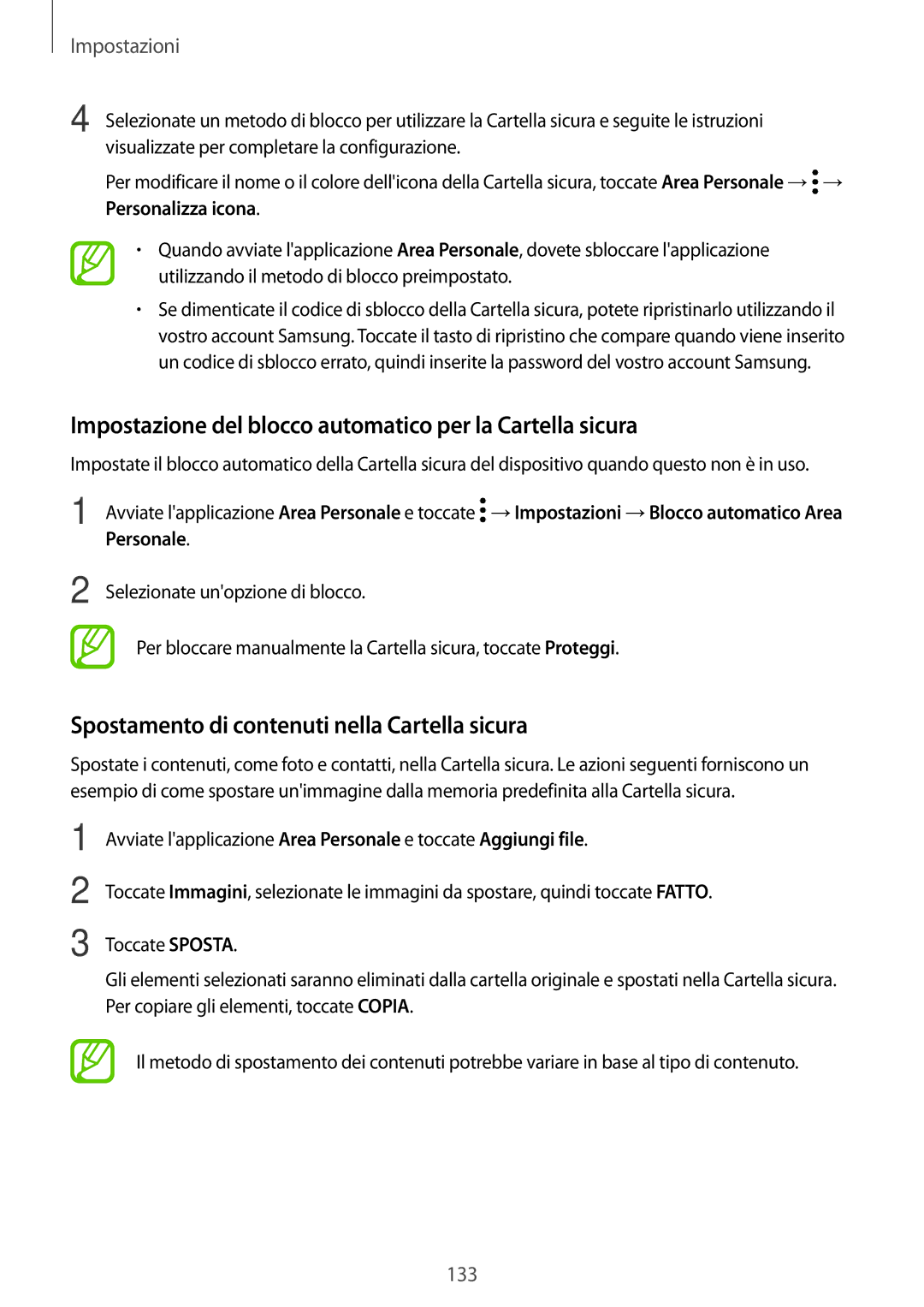 Samsung SM-A320FZDNITV, SM-A520FZBAITV, SM-A320FZBNITV manual Impostazione del blocco automatico per la Cartella sicura 