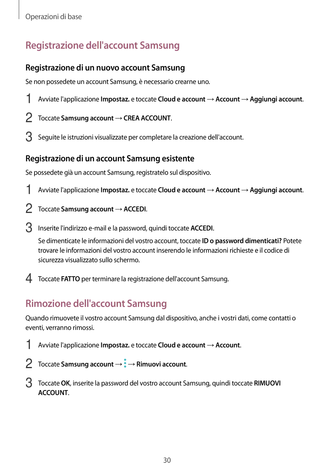 Samsung SM-A320FZKNITV, SM-A520FZBAITV, SM-A320FZBNITV Registrazione dellaccount Samsung, Rimozione dellaccount Samsung 