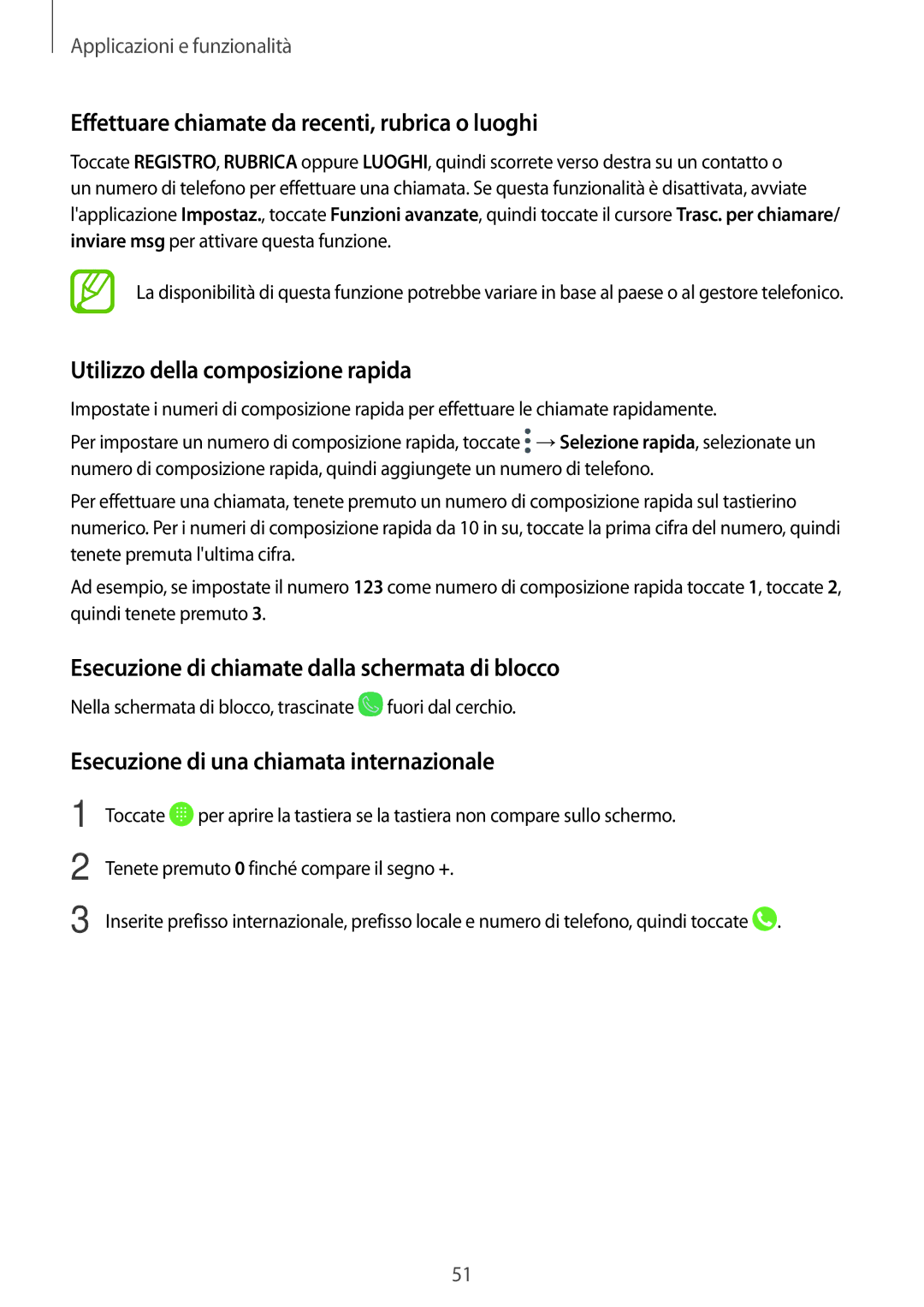 Samsung SM-A520FZDAITV manual Effettuare chiamate da recenti, rubrica o luoghi, Utilizzo della composizione rapida 