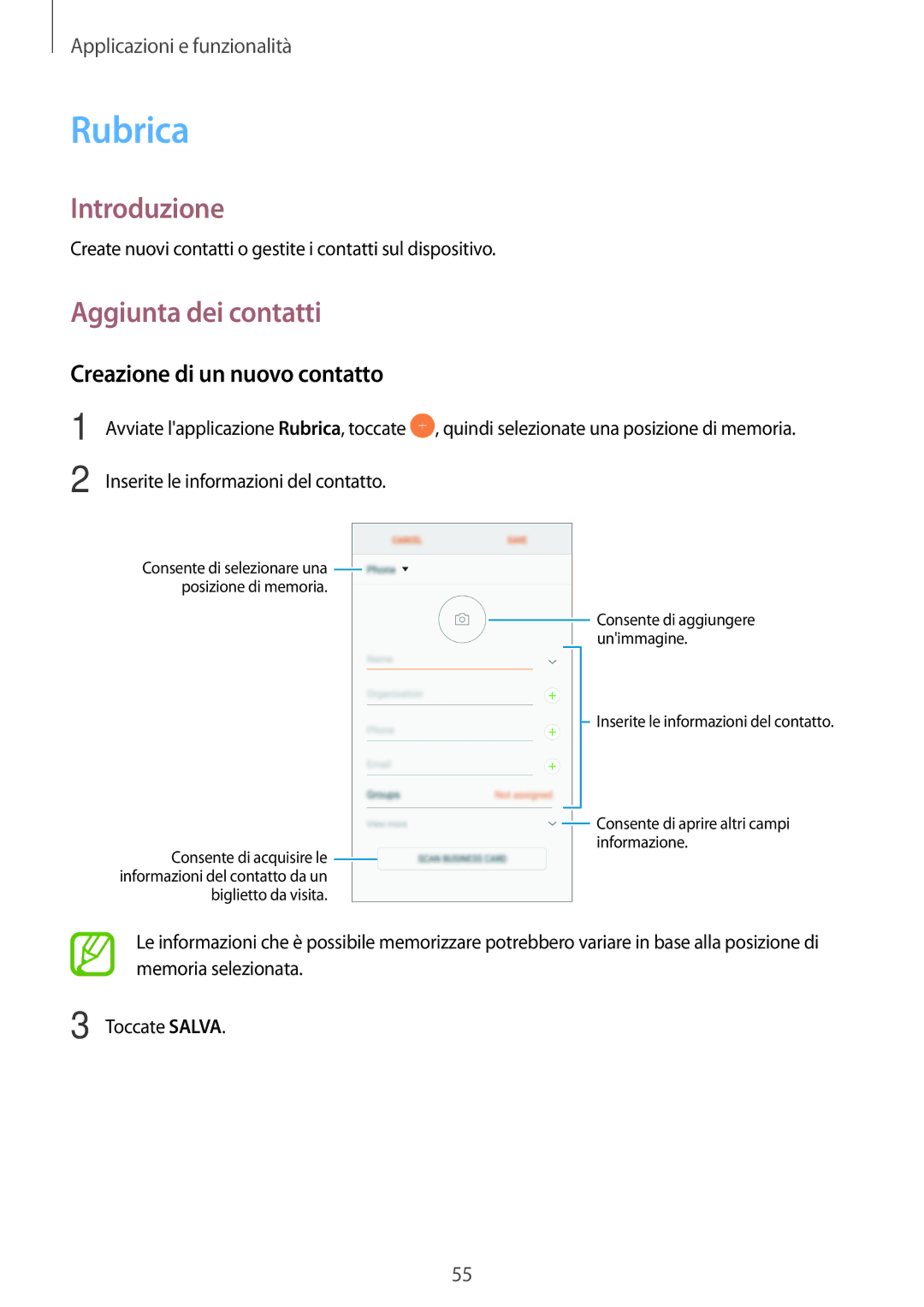 Samsung SM-A520FZIAITV, SM-A520FZBAITV, SM-A320FZBNITV manual Rubrica, Aggiunta dei contatti, Creazione di un nuovo contatto 