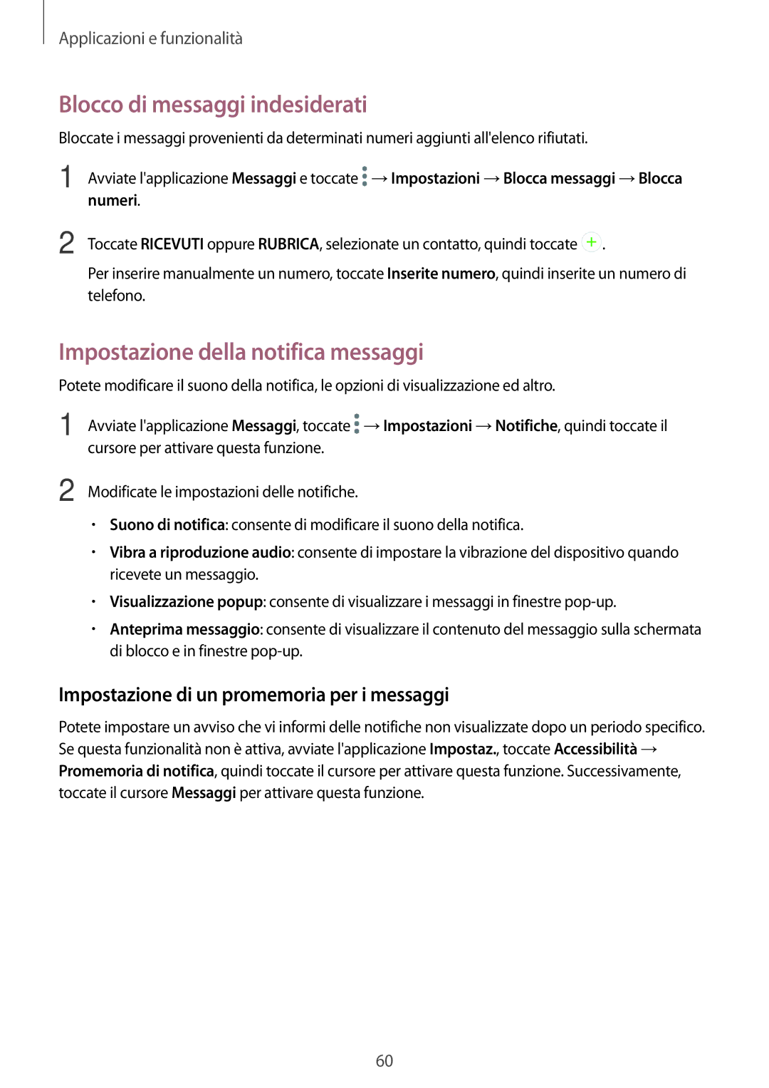 Samsung SM-A520FZKAITV, SM-A520FZBAITV manual Blocco di messaggi indesiderati, Impostazione della notifica messaggi, Numeri 