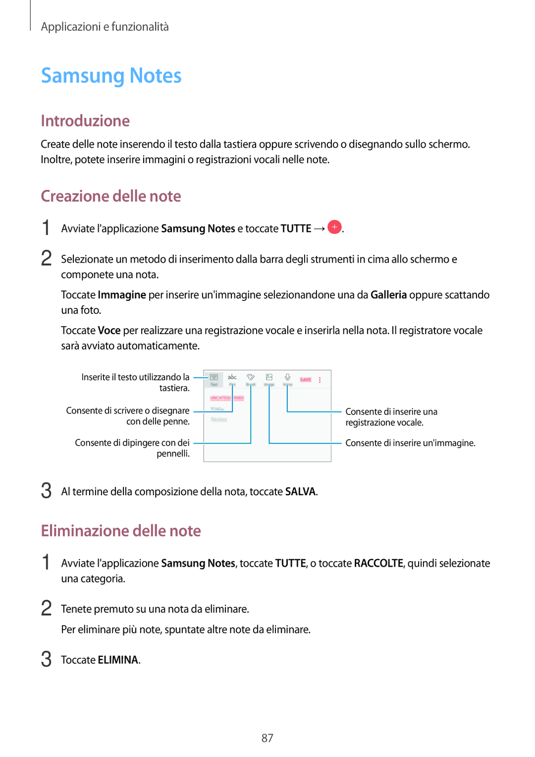 Samsung SM-A520FZIAITV, SM-A520FZBAITV, SM-A320FZBNITV manual Samsung Notes, Creazione delle note, Eliminazione delle note 