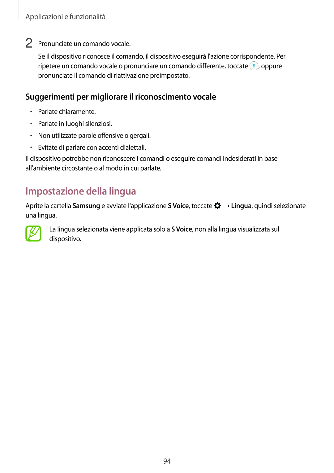 Samsung SM-A320FZKNITV, SM-A520FZBAITV Impostazione della lingua, Suggerimenti per migliorare il riconoscimento vocale 