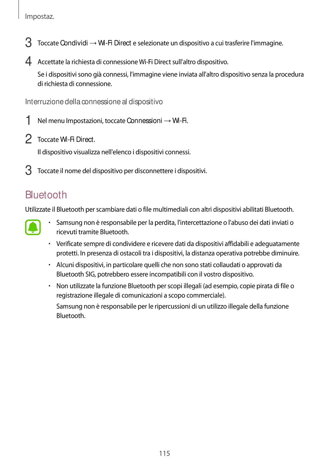 Samsung SM-A520FZIAITV, SM-A520FZBAITV, SM-A520FZDAITV manual Bluetooth, Interruzione della connessione al dispositivo 