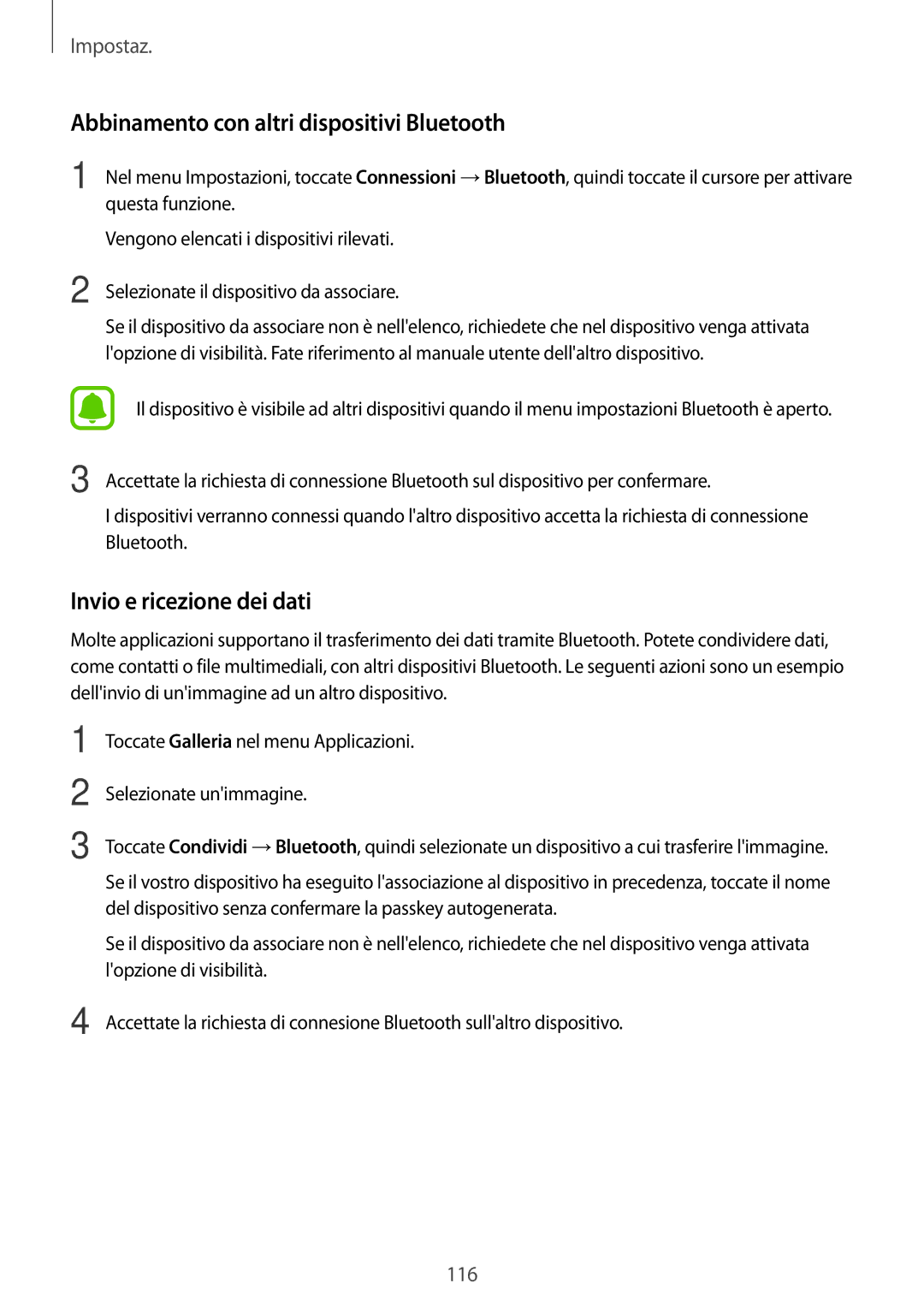 Samsung SM-A520FZBAITV, SM-A520FZDAITV manual Abbinamento con altri dispositivi Bluetooth, Invio e ricezione dei dati 