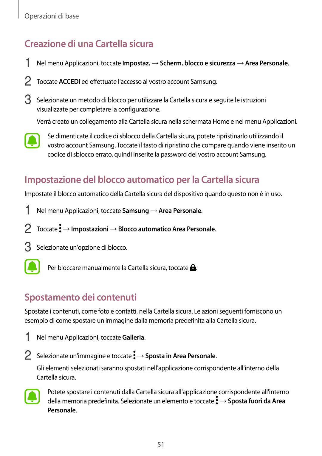 Samsung SM-A520FZIAITV manual Creazione di una Cartella sicura, Impostazione del blocco automatico per la Cartella sicura 