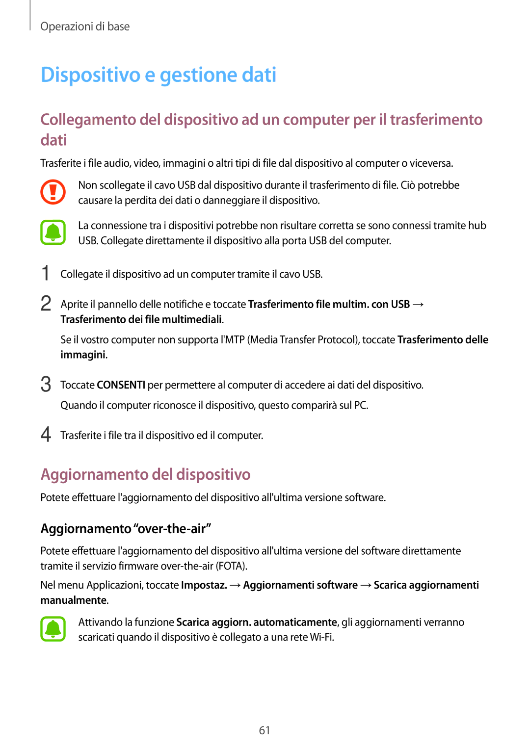 Samsung SM-A520FZDAITV manual Dispositivo e gestione dati, Aggiornamento del dispositivo, Aggiornamento over-the-air 