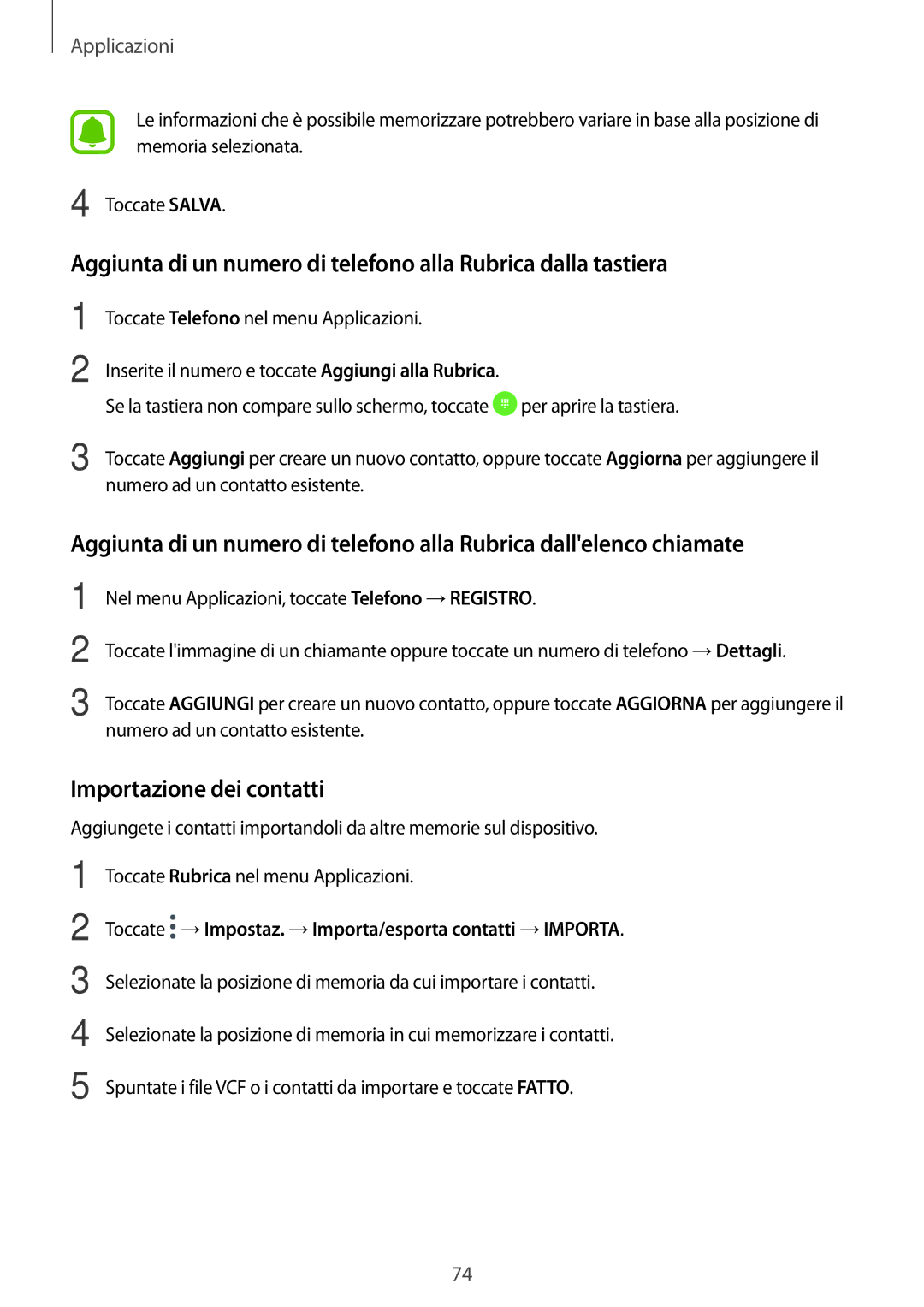 Samsung SM-A520FZKAITV, SM-A520FZBAITV, SM-A520FZDAITV, SM-A520FZIAITV manual Importazione dei contatti 