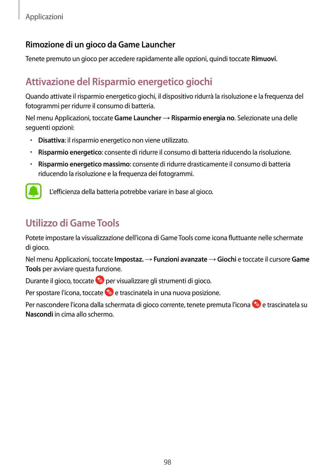 Samsung SM-A520FZKAITV, SM-A520FZBAITV, SM-A520FZDAITV Attivazione del Risparmio energetico giochi, Utilizzo di Game Tools 