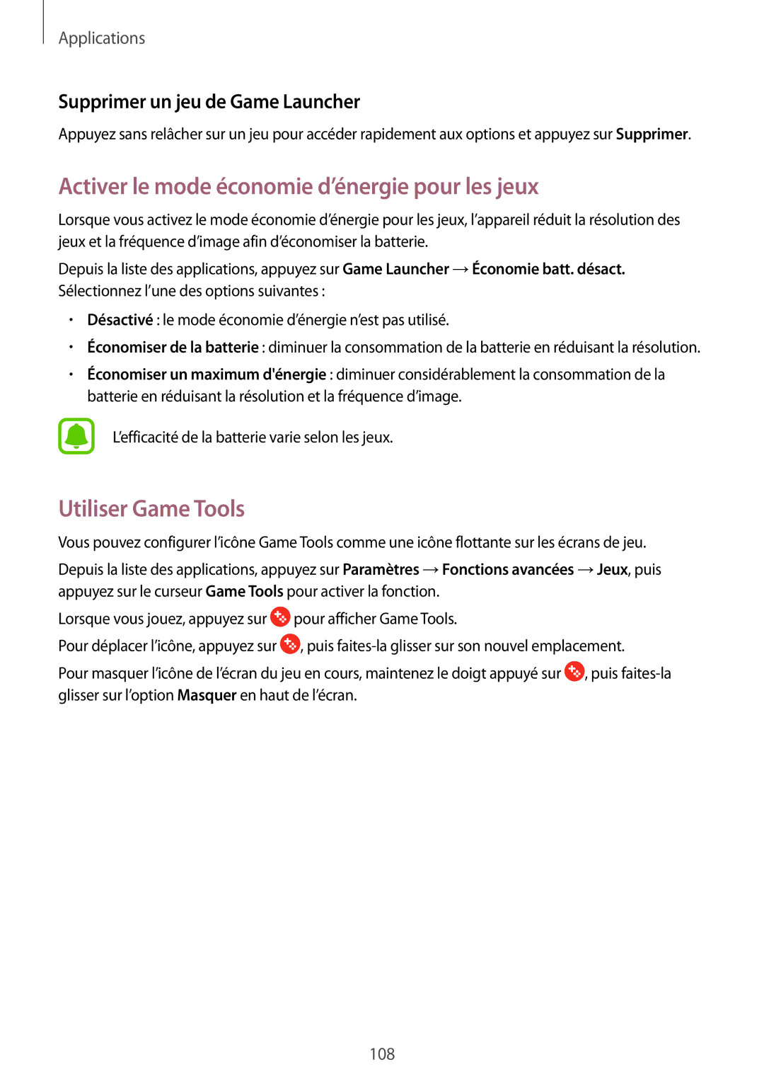 Samsung SM-A520FZBAXEF, SM-A520FZDAXEF manual Activer le mode économie d’énergie pour les jeux, Utiliser Game Tools 