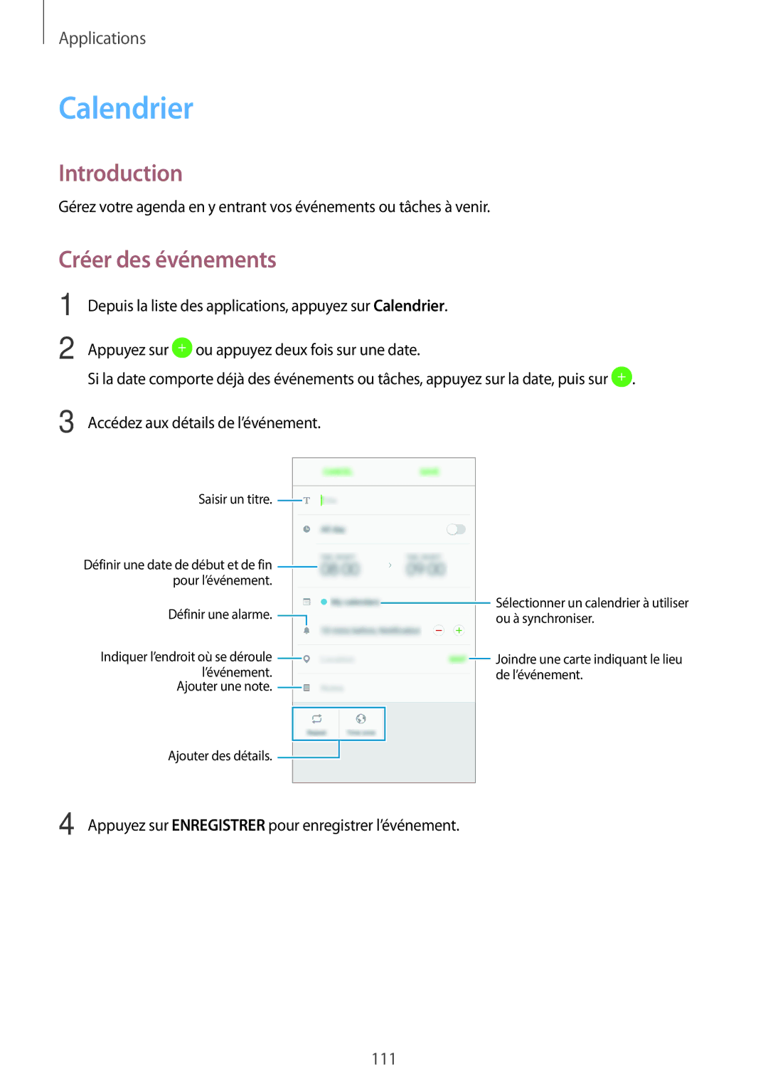 Samsung SM-A520FZIAXEF, SM-A520FZBAXEF, SM-A520FZDAXEF, SM-A520FZKAXEF manual Calendrier, Créer des événements 