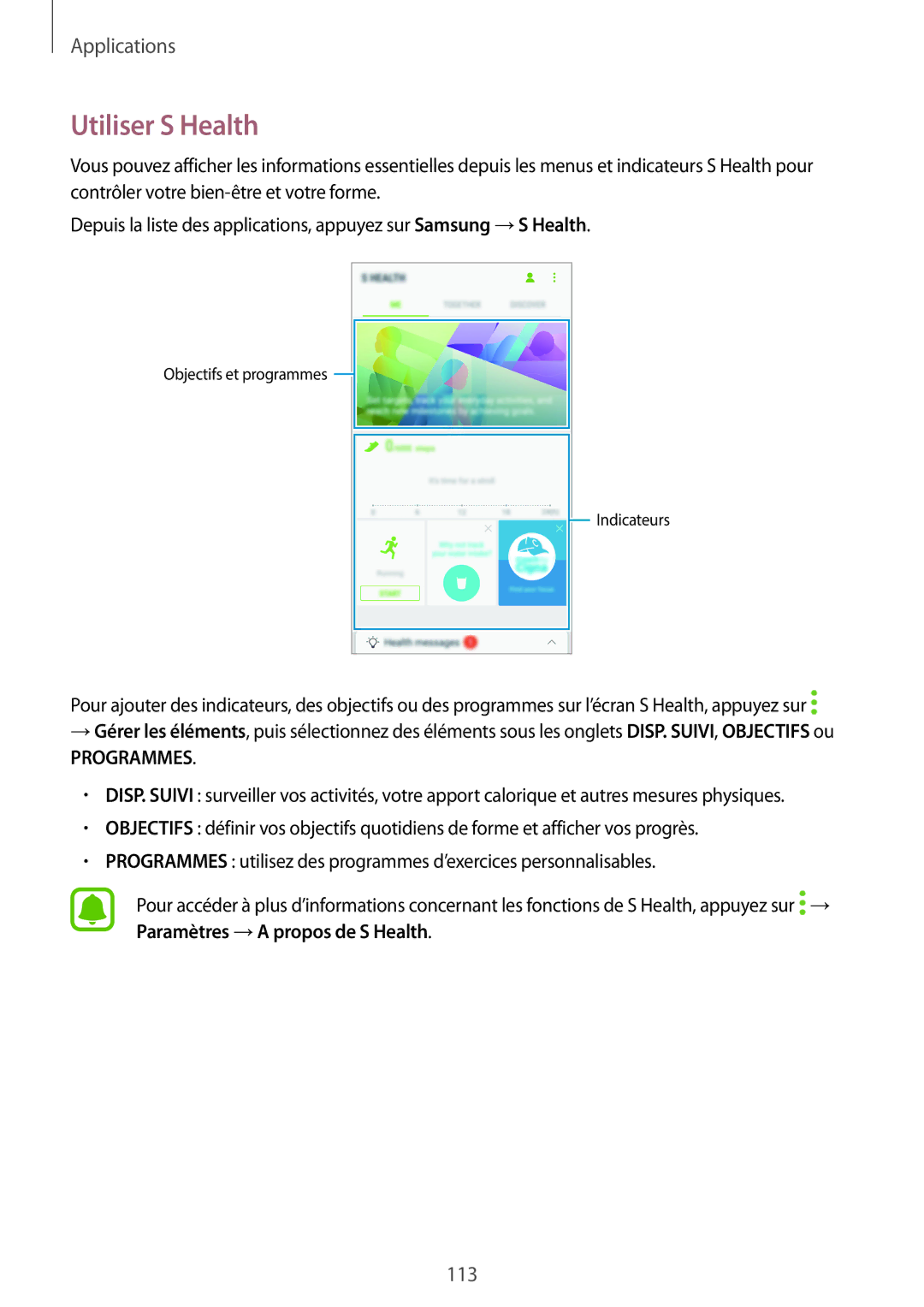 Samsung SM-A520FZDAXEF, SM-A520FZBAXEF, SM-A520FZKAXEF, SM-A520FZIAXEF manual Utiliser S Health, Programmes 