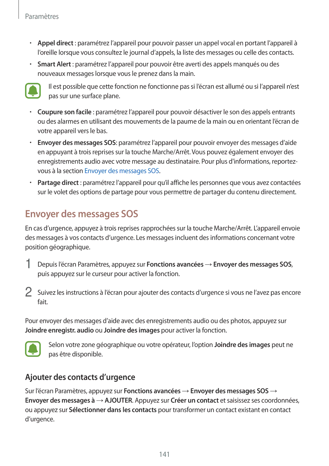 Samsung SM-A520FZDAXEF, SM-A520FZBAXEF, SM-A520FZKAXEF manual Envoyer des messages SOS, Ajouter des contacts d’urgence 