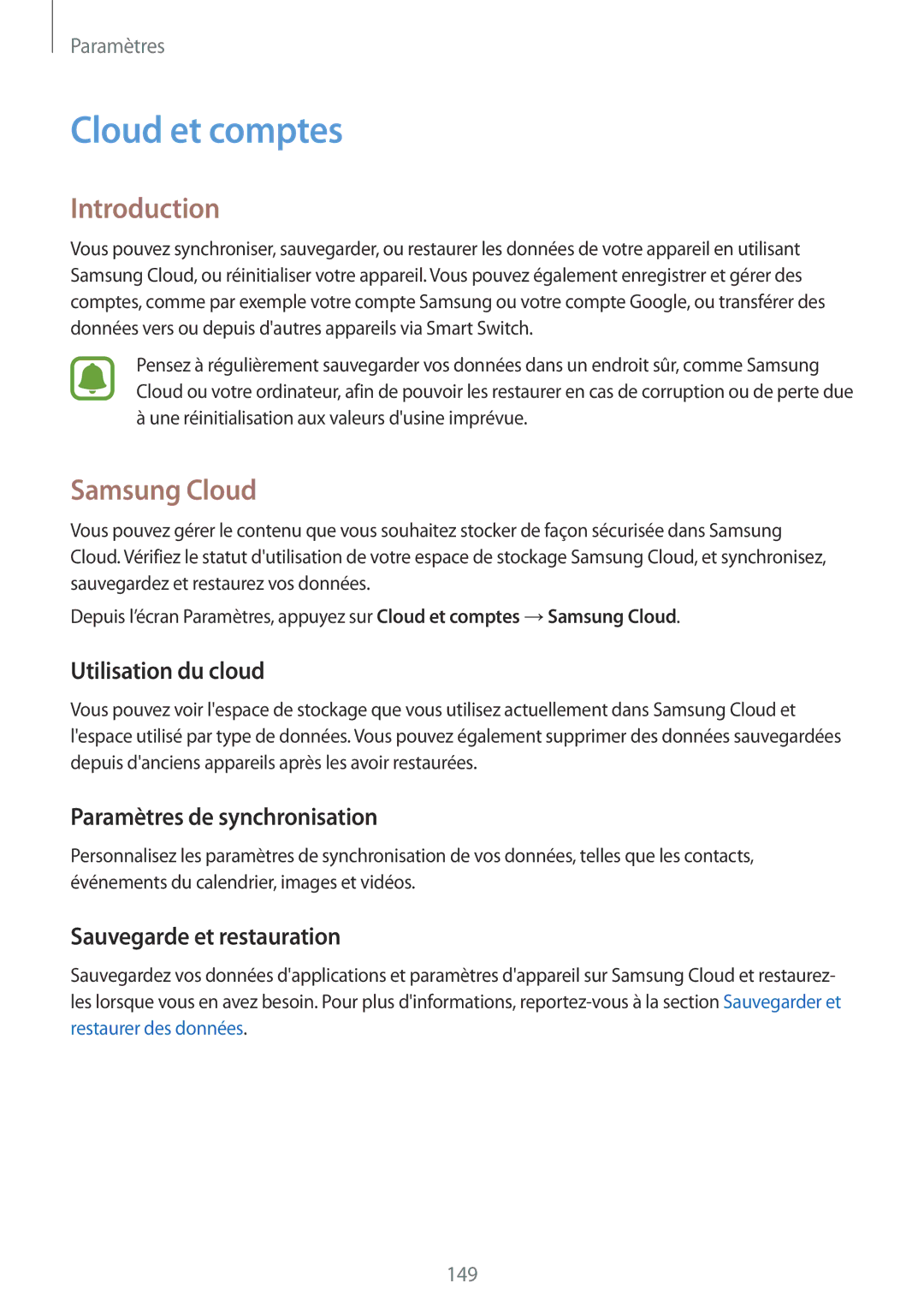 Samsung SM-A520FZDAXEF manual Cloud et comptes, Samsung Cloud, Utilisation du cloud, Paramètres de synchronisation 