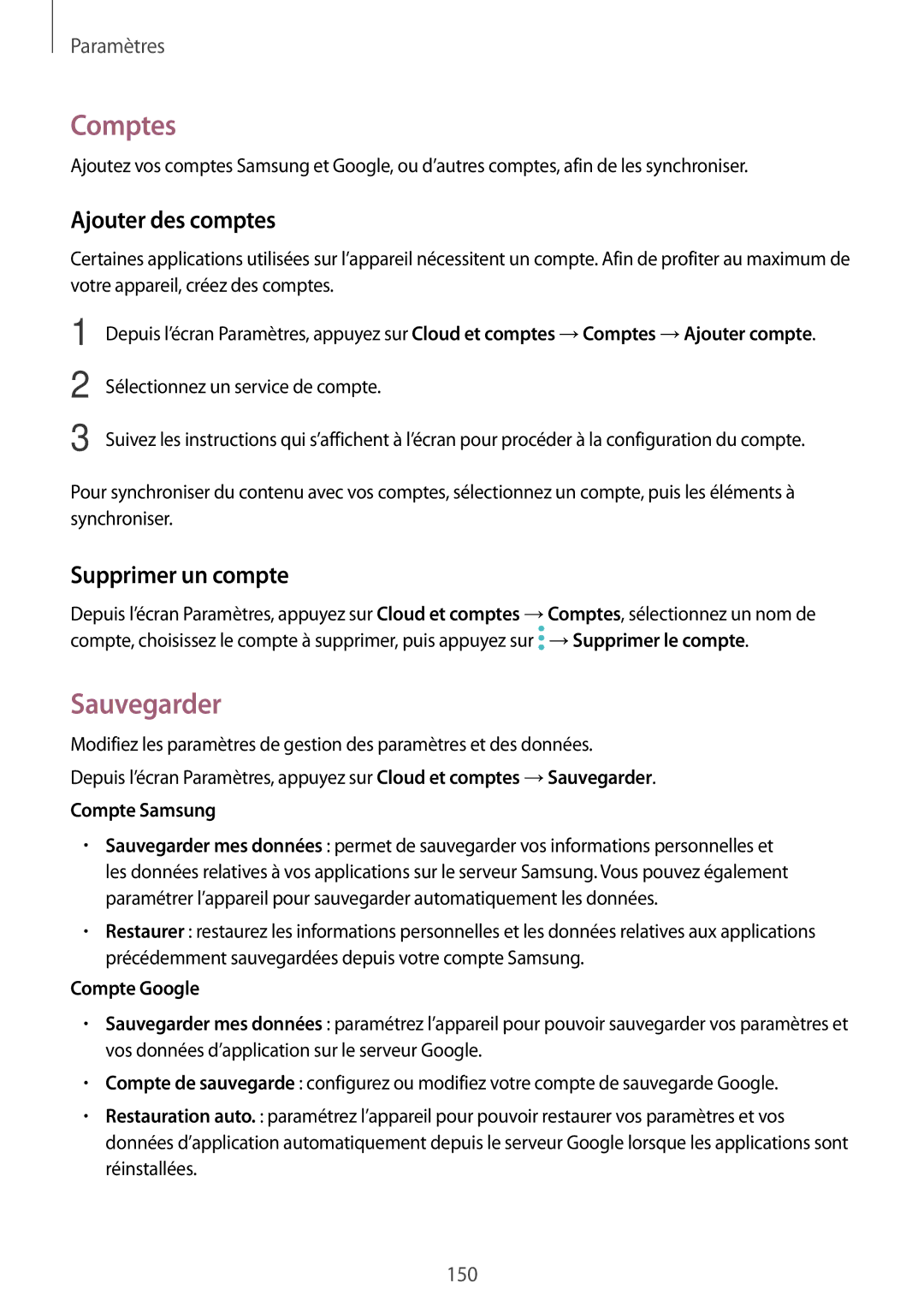 Samsung SM-A520FZKAXEF, SM-A520FZBAXEF, SM-A520FZDAXEF manual Comptes, Sauvegarder, Ajouter des comptes, Supprimer un compte 